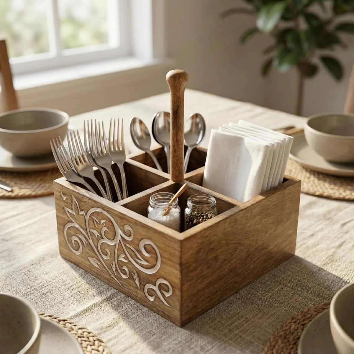 WOOD ART STORE Wooden Kitchen Utensil Organizer Caddy, 4 Compartment Spoon Fork Cutlery Holder, White Wash Antique Brown Finish,