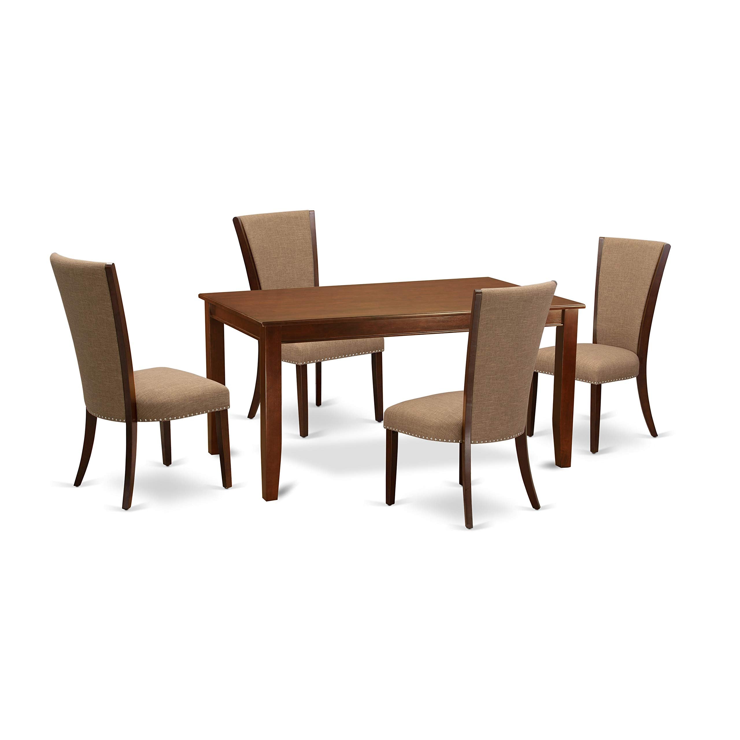 East West Furniture Dudley 5 Piece Set Includes A Rectangle Dining Room Table And 4 Light Sable Linen Fabric Upholstered Parson Chairs, 36X60 Inch, Duve5-Mah-47