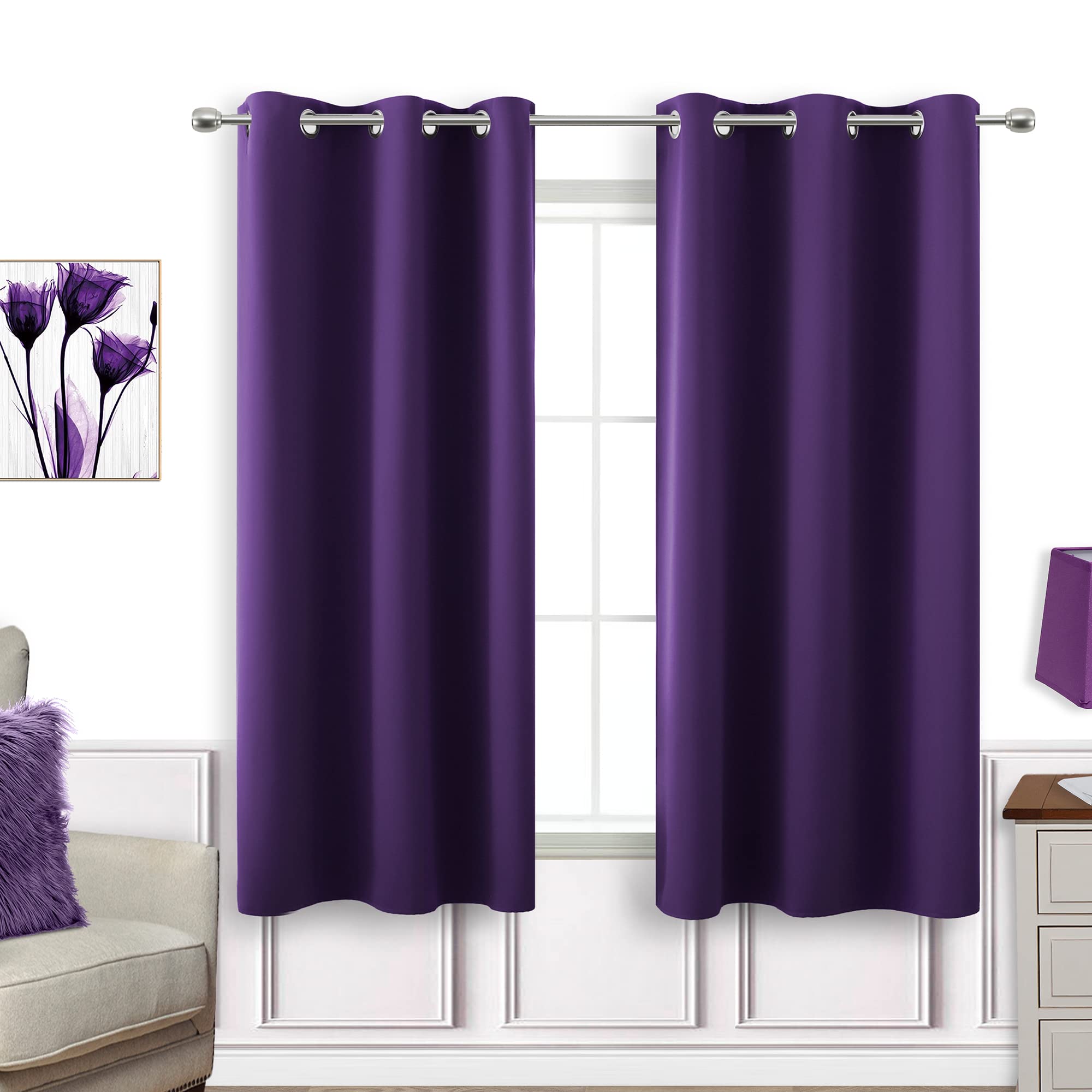 Purple Feminine Curtains For African American Women Girls 54 Inch Length 2 Panels Set Grommet Blackout Short Noise Proof Sound D