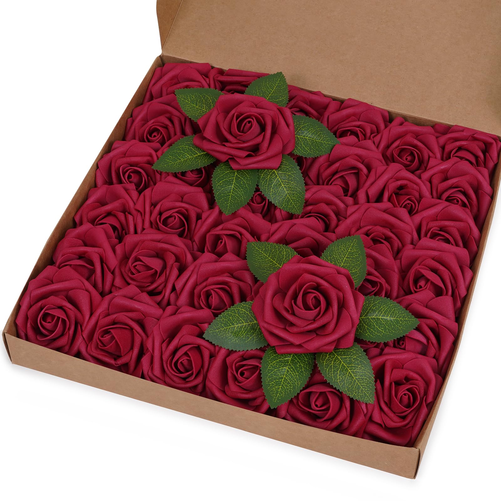 BLEUM CADE 36Pcs Artificial Flowers Fake Roses with Stems, Burgundy Boxed Foam Roses for DIY Bouquets Centerpieces Wedding Party