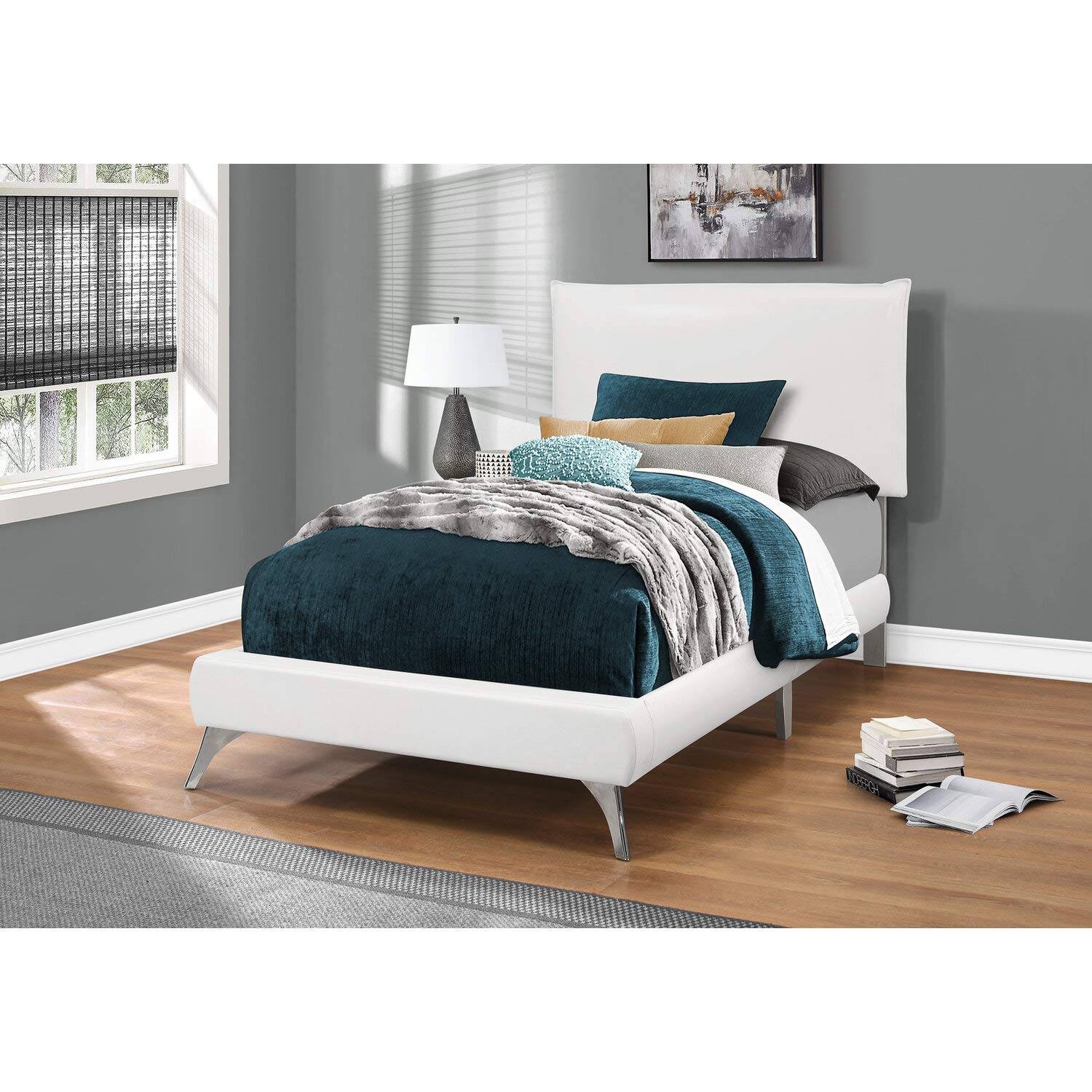 Monarch Specialties I Twin Size Leather-Look with Brown Wood Legs BED, WHITE