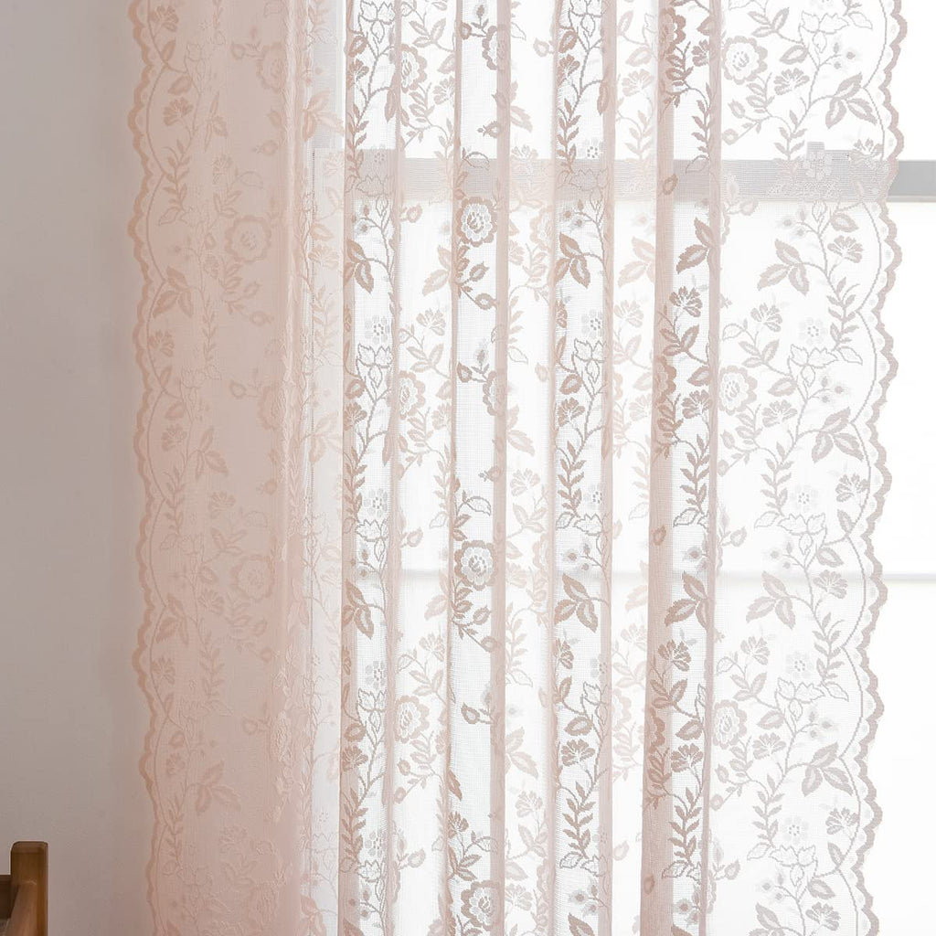 Finecity Blush Lace Curtains 96 Inches Long - Country Rustic Branch Floral Lace Sheer Curtains 2 Panels Set For Living Room, Pri