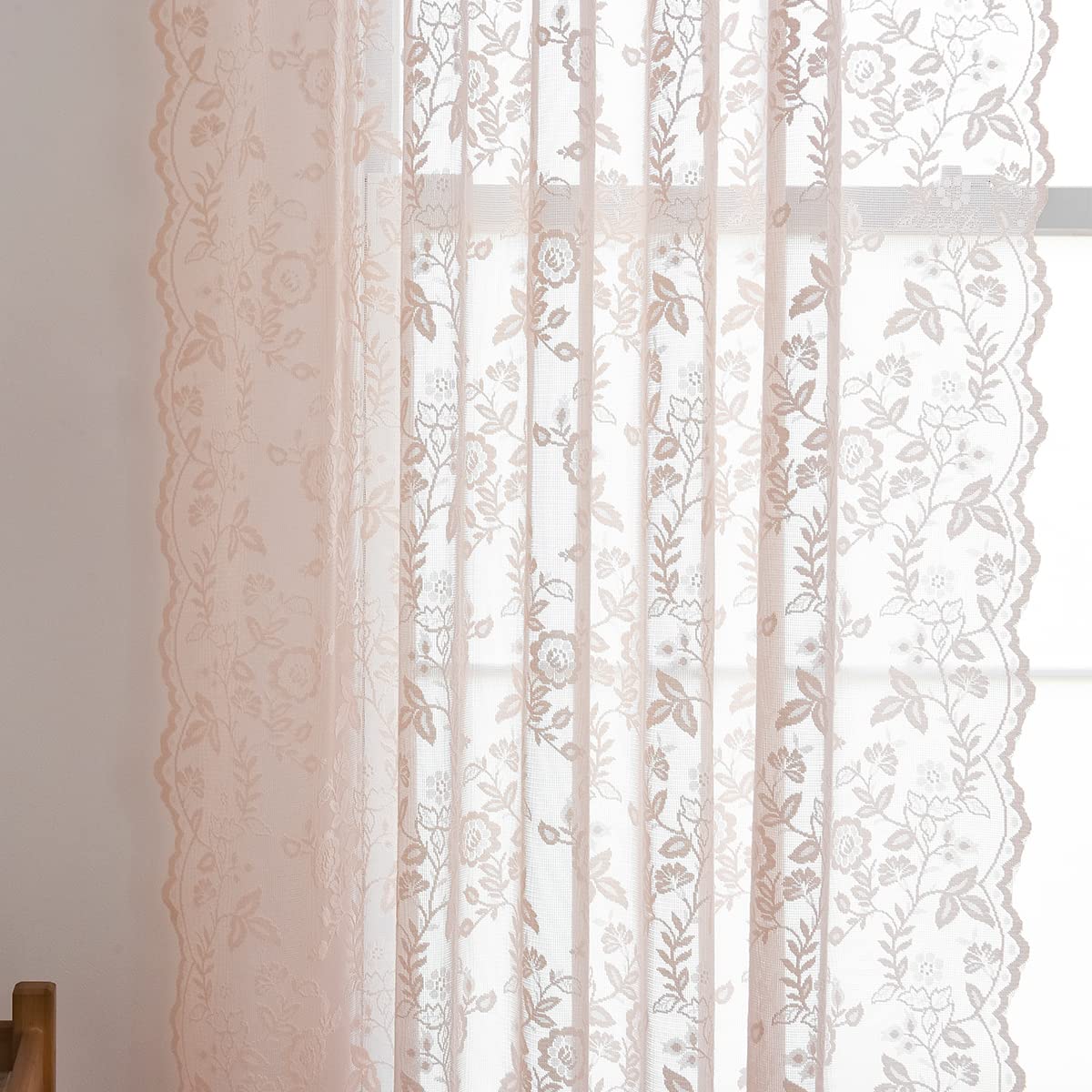 Finecity Blush Pink Lace Curtains 45 Inch Length, Country Branch Leaf Floral Pattern Short Lace Cafe Curtains 2 Panels Set For S