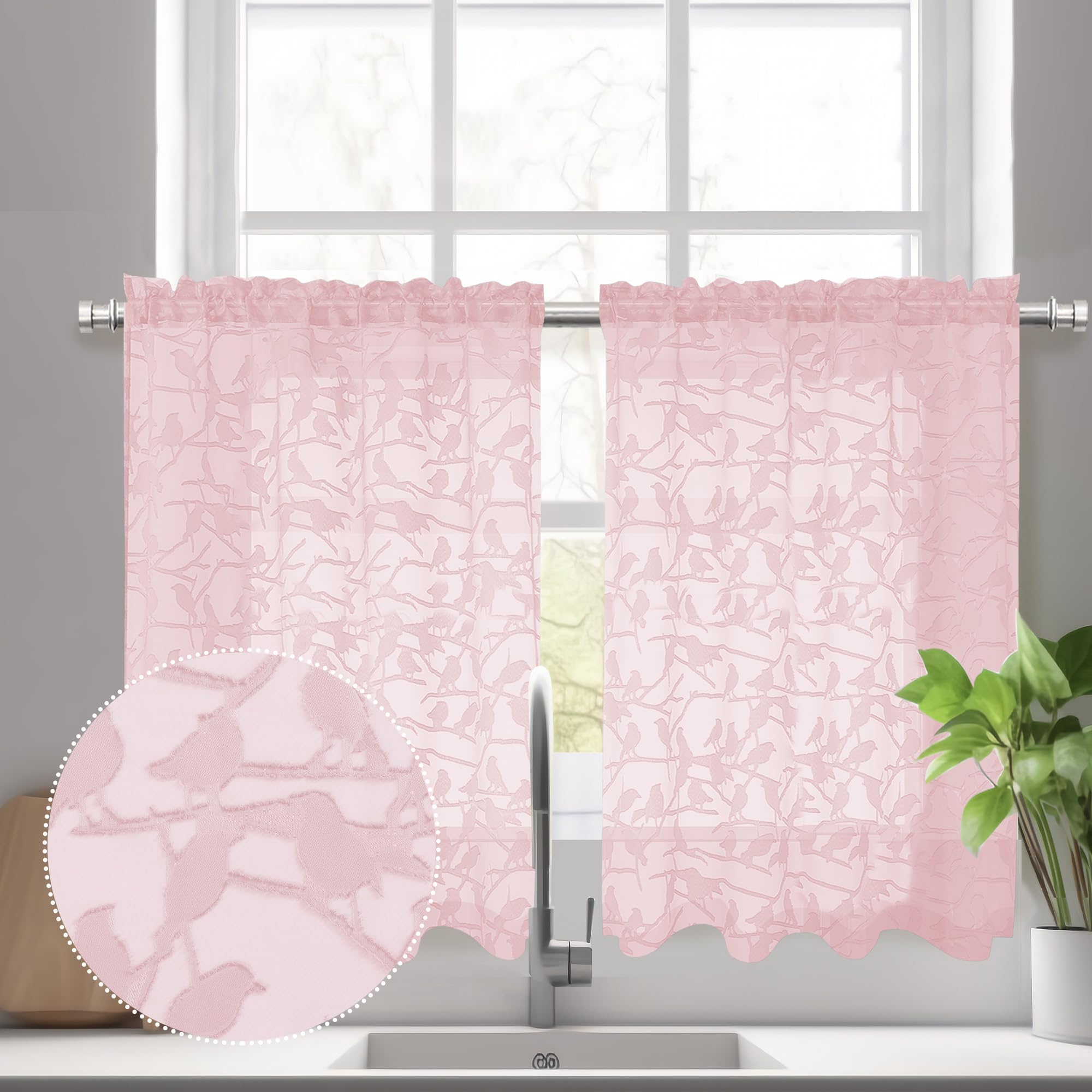 Ovzme Anji Textured Blush Sheer Curtain 36 Inch Length 2 Panels Set, Elegant Farmhouse Short Sheer Dining Curtains For Half Wind
