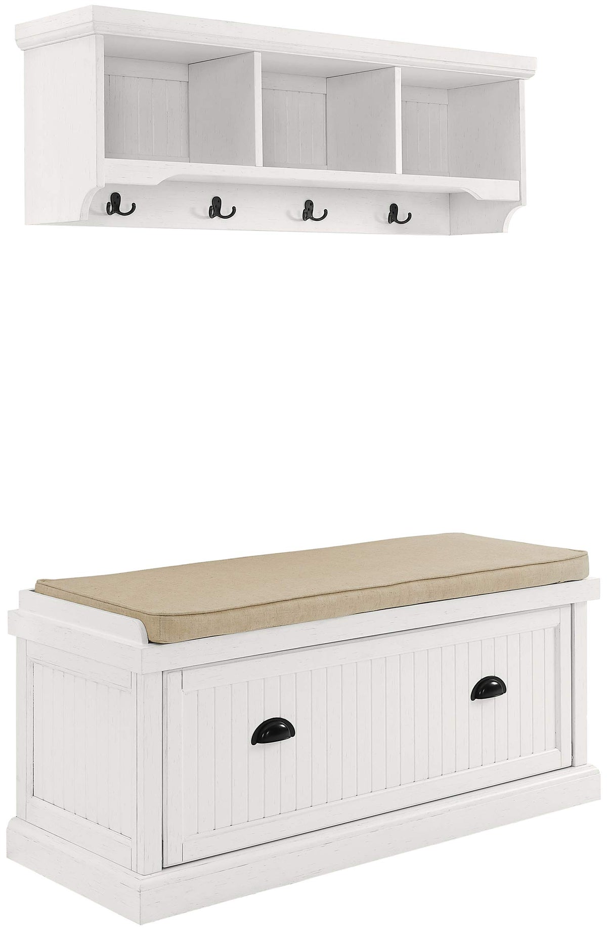 Crosley Furniture Seaside 2-Piece Entryway Set With Bench And Wall-Mounted Shelf, Distressed White