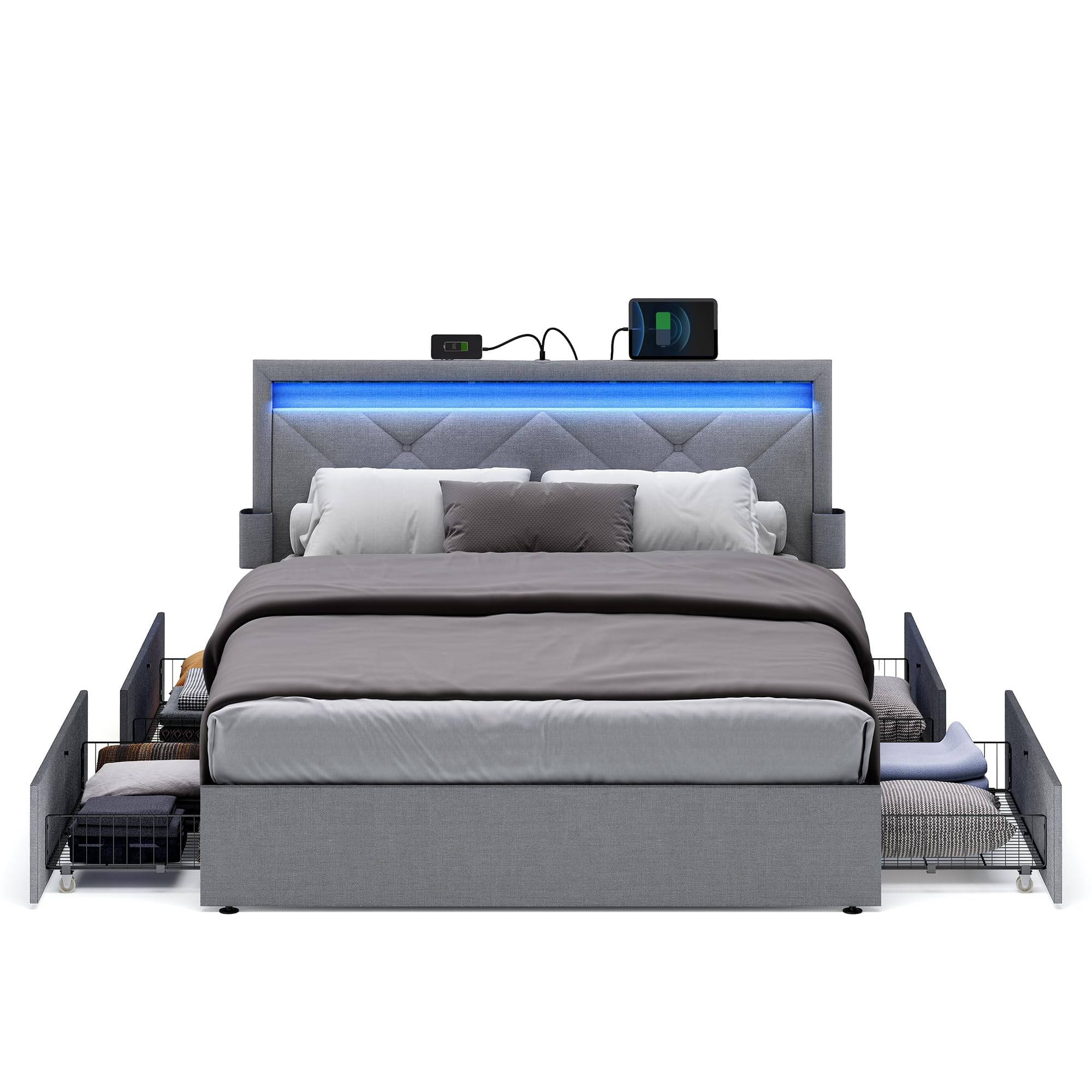 VASAGLE LED Bed Frame Queen Size, 36.7/39.3 Inches, with Headboard and 4 Drawers, 1 USB Port and 1 Type C Port, Adjustable Uphol
