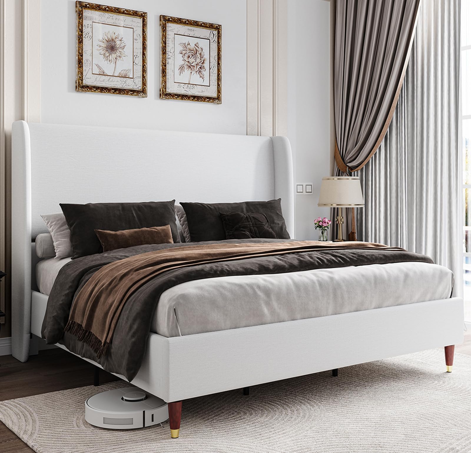 Jocisland King Bed Frame Upholstered Bed Frame and Wingback Headboard/Wood Slat Support/No Box Spring Needed/Easy Assembly/White