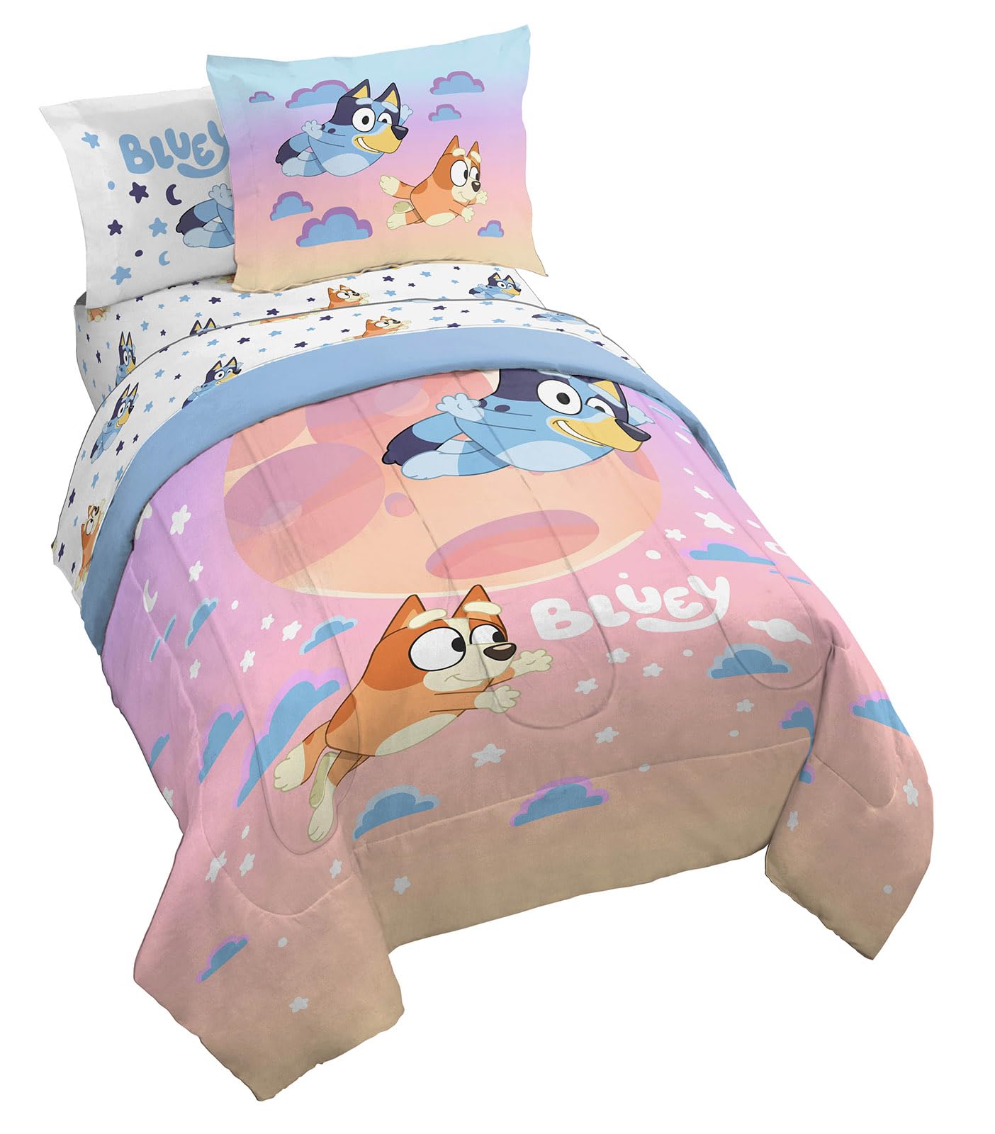 Jay Franco Bluey & Bingo Full Comforter Set - 7 Piece Bed Set Includes Sheet Set & Pillow Covers - Super Soft Clouds & Stars Kid