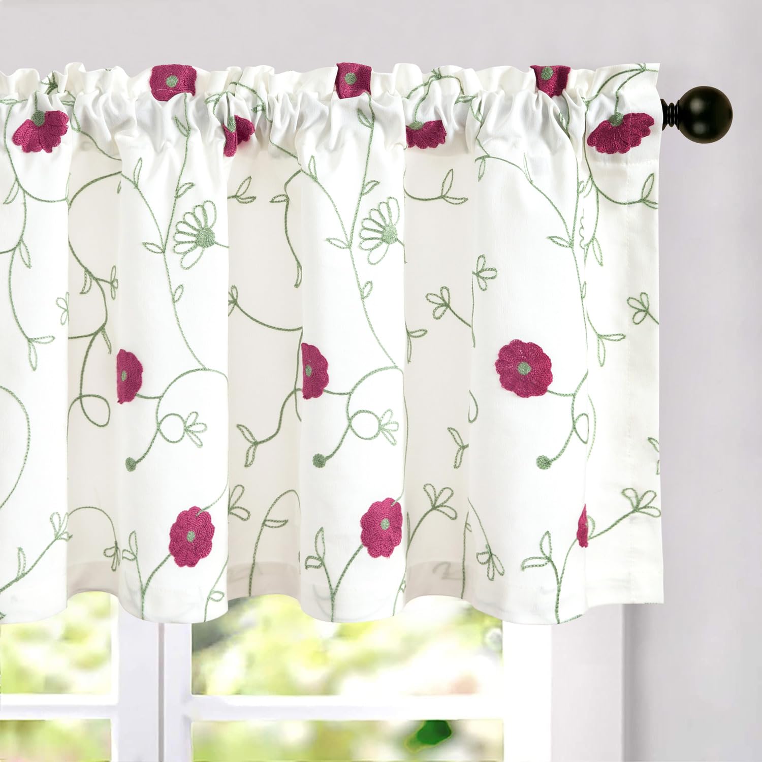 Vogol Pink Floral Embroidery Valances For Windows, 1 Panel Country Style Linen Textured Window Treatment For Farmhouse Cafe, Rod