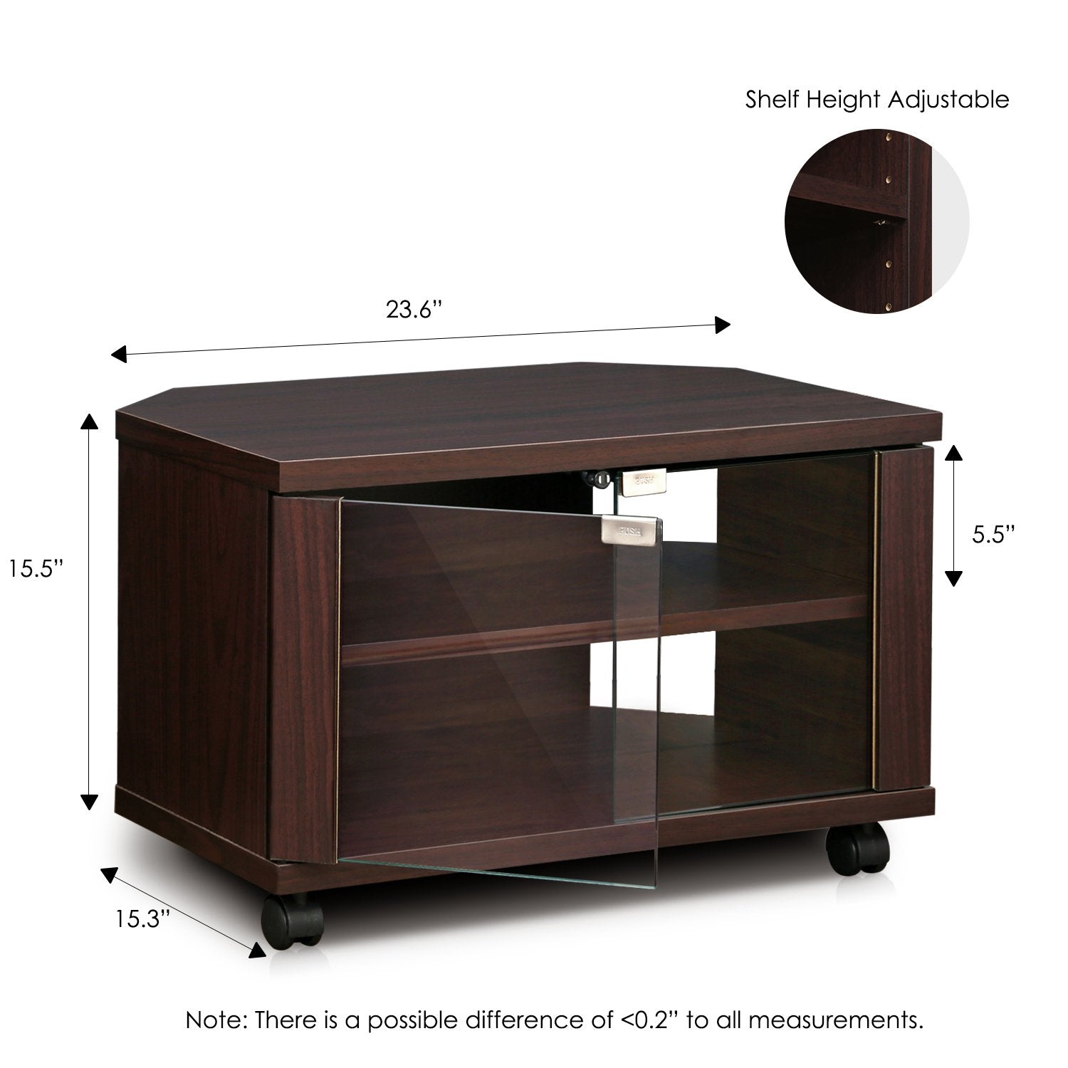 Furinno Indo 3-Tier Petite TV Stand with Glass Doors and Casters, Espresso