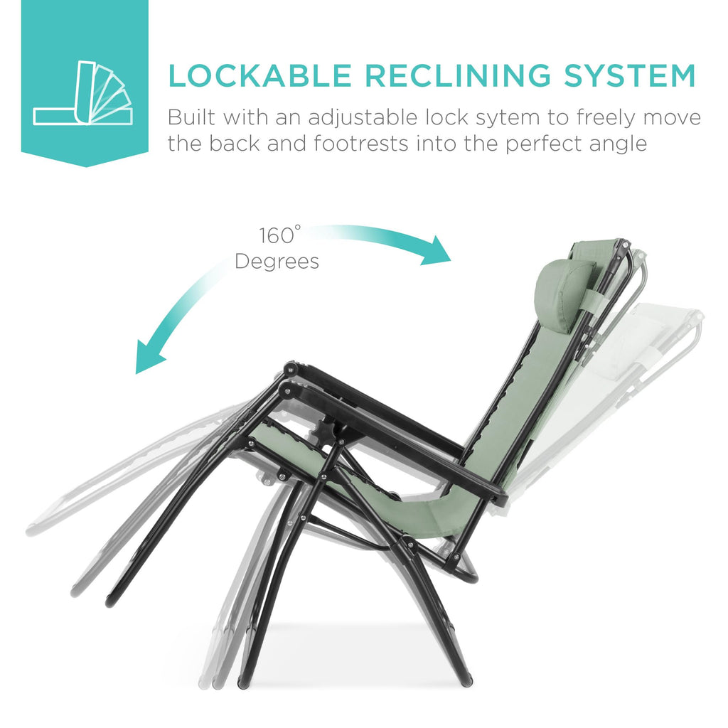 Best Choice Products Folding Zero Gravity Outdoor Recliner Patio Lounge Chair W/Adjustable Canopy Shade, Headrest, Side Accessory Tray, Textilene Mesh - Sage Green