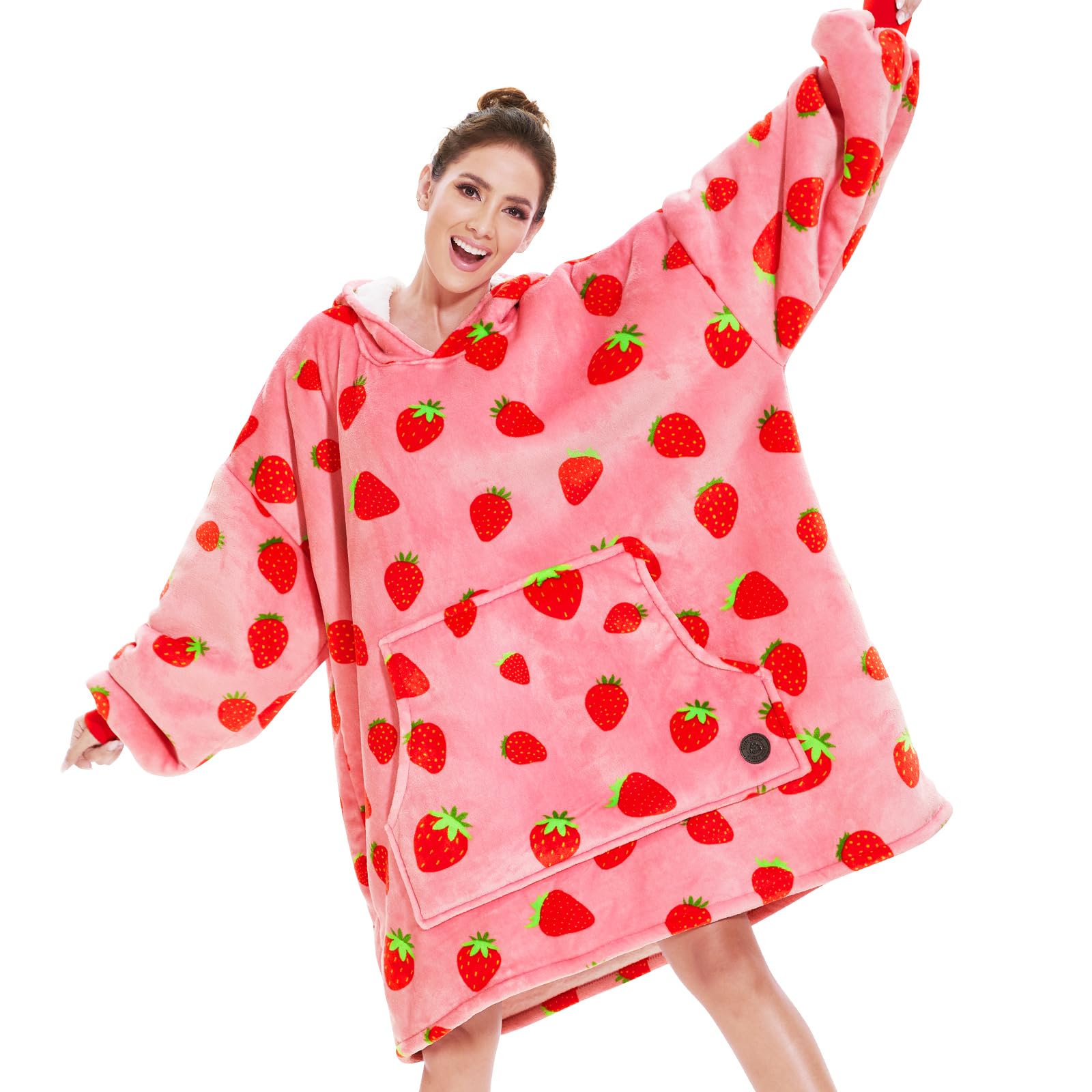 Three Poodle Wearable Blanket Hoodie For Women, Oversized Sherpa Sweatshirt Blanket For Adults Men, Warm Cozy Strawberry Hooded