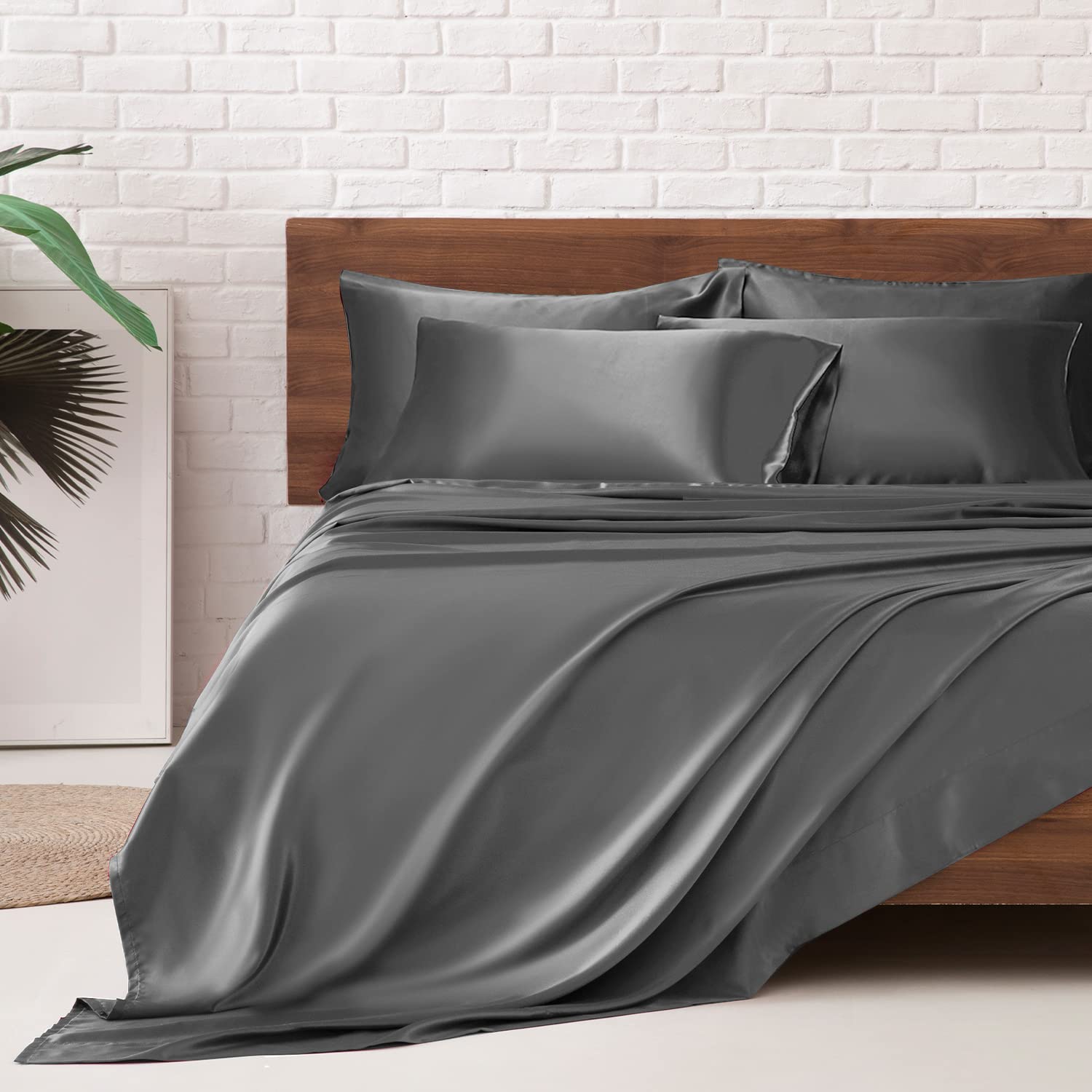 Mr&Hm Satin Bed Sheets, Full Size Sheets Set, 6 Pcs Silky Bedding Set With 15 Inches Deep Pocket For Mattress(Full, Dark Grey)