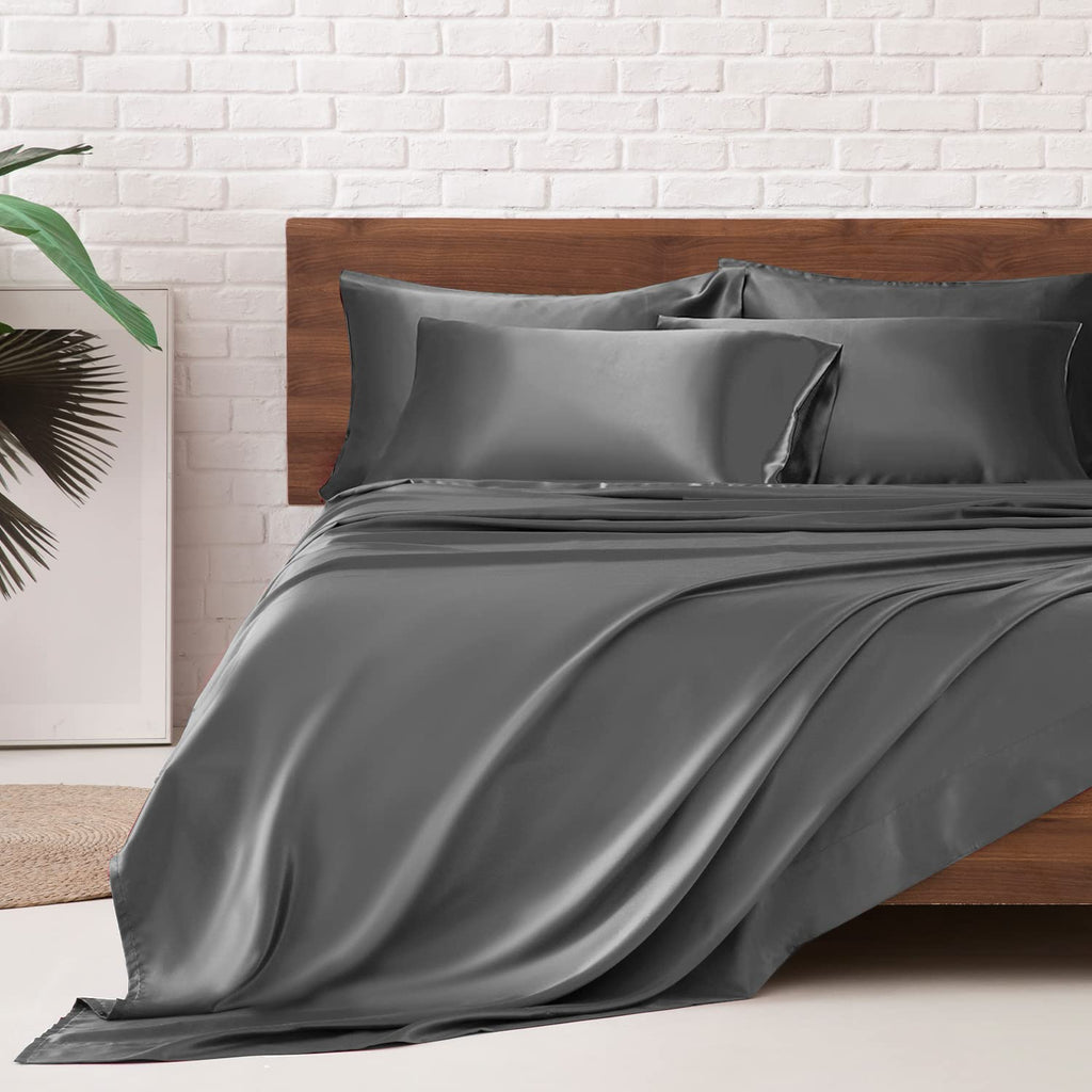 Mr&Hm Satin Bed Sheets, Queen Size Sheets Set, 6 Pcs Silky Bedding Set With 15 Inches Deep Pocket For Mattress(Queen, Dark Grey)