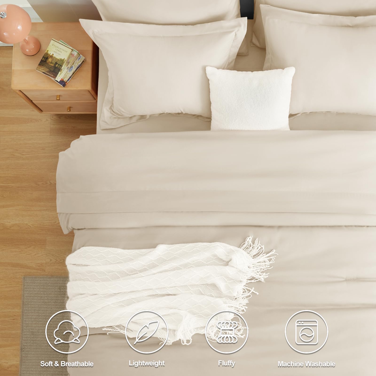 Cozylux Full Comforter Set Beige, 7 Pieces Bed In A Bag Soft Bedding Comforter Set With Sheets, All Season Boho 7Pc Bed Sets With Comforter, Fitted Sheets, Flat Sheets, Pillow Shams And Pillowcases