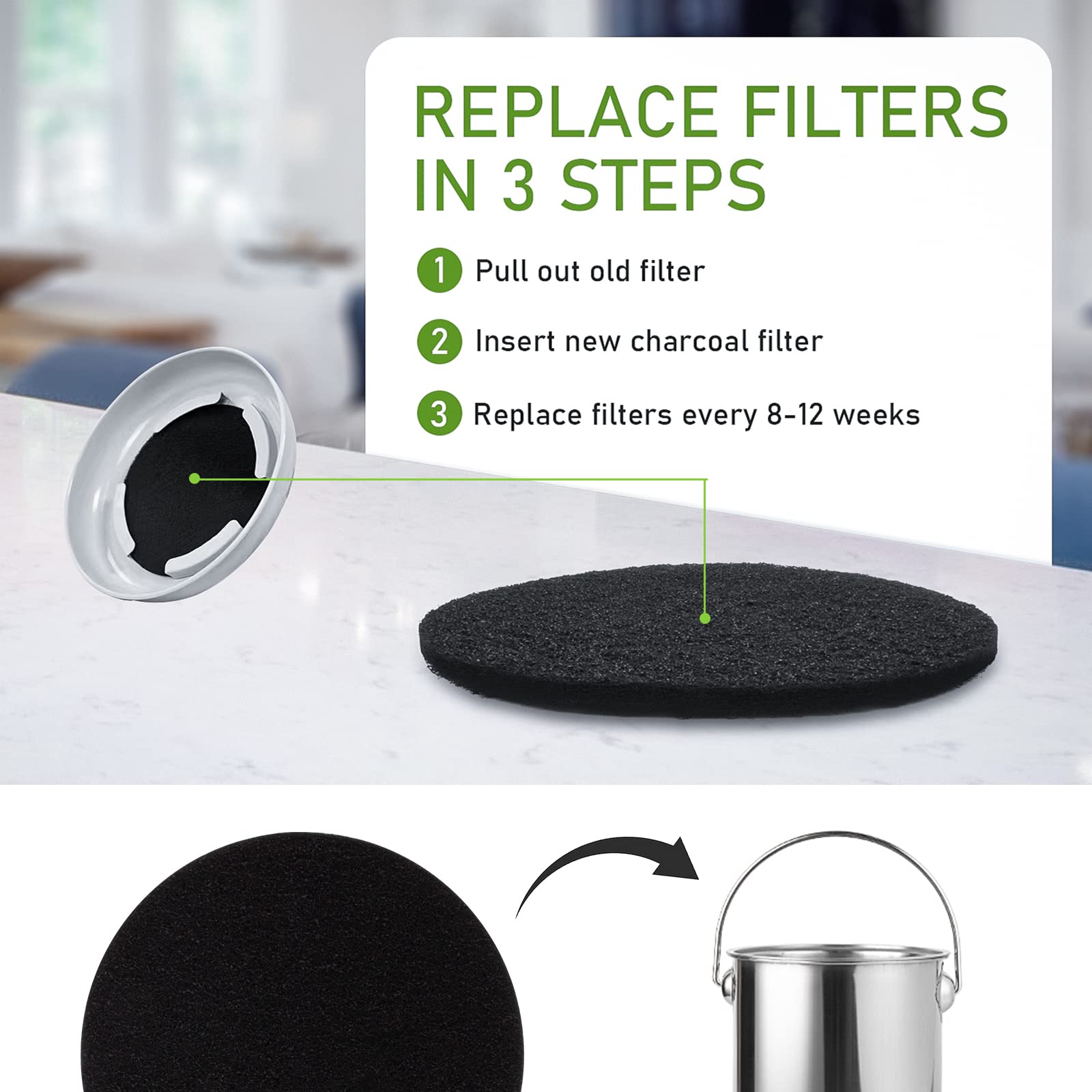 Hsobope Charcoal Filters for Kitchen Compost Bin - 10 Pack, 6.7 Inch Round, Activated Charcoal, Black