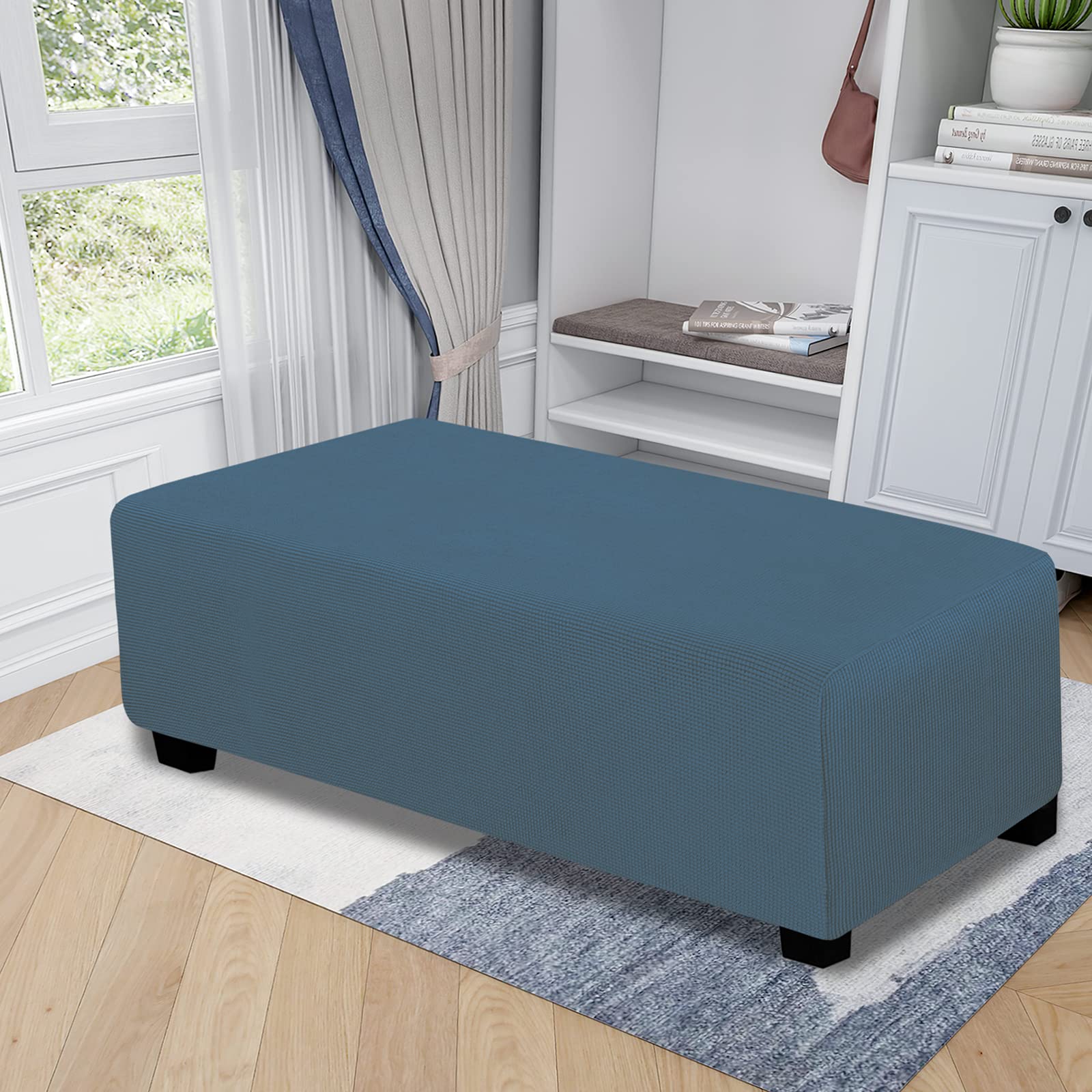 Easy-Going Stretch Ottoman Cover Folding Storage Stool Furniture Protector Rectangle Slipcover With Elastic Bottom (Xx-Large,Bluestone)