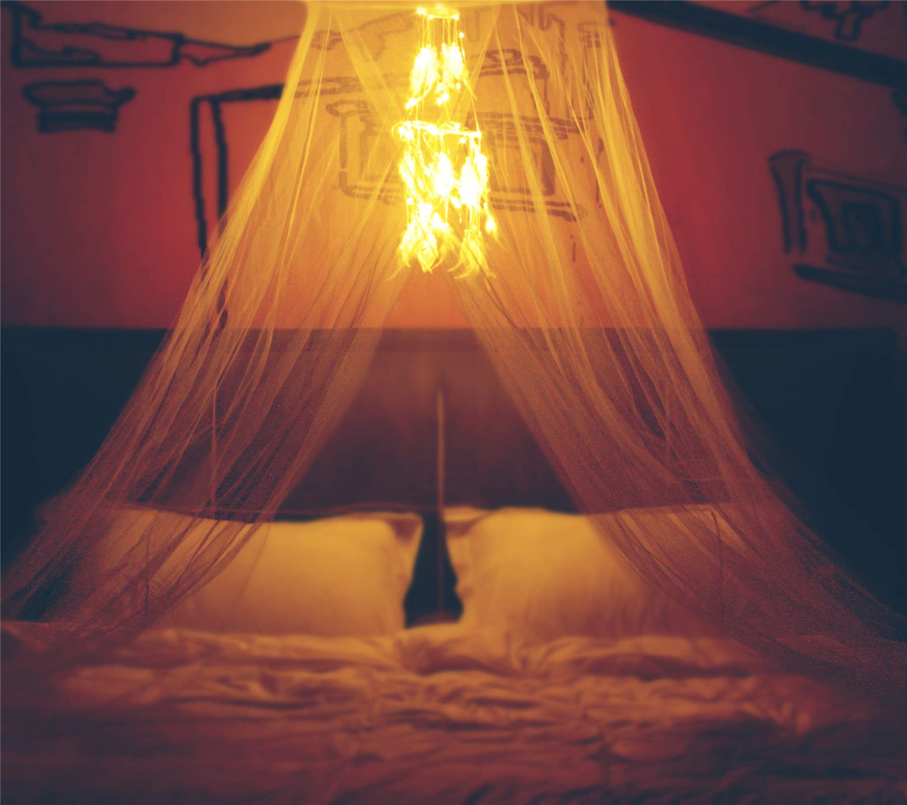 Bed Canopy With Double Circle White Feather Dream Catcher And 50 Led Fairy String Lights, Mosquito Net - Unique Style Dome Bed N