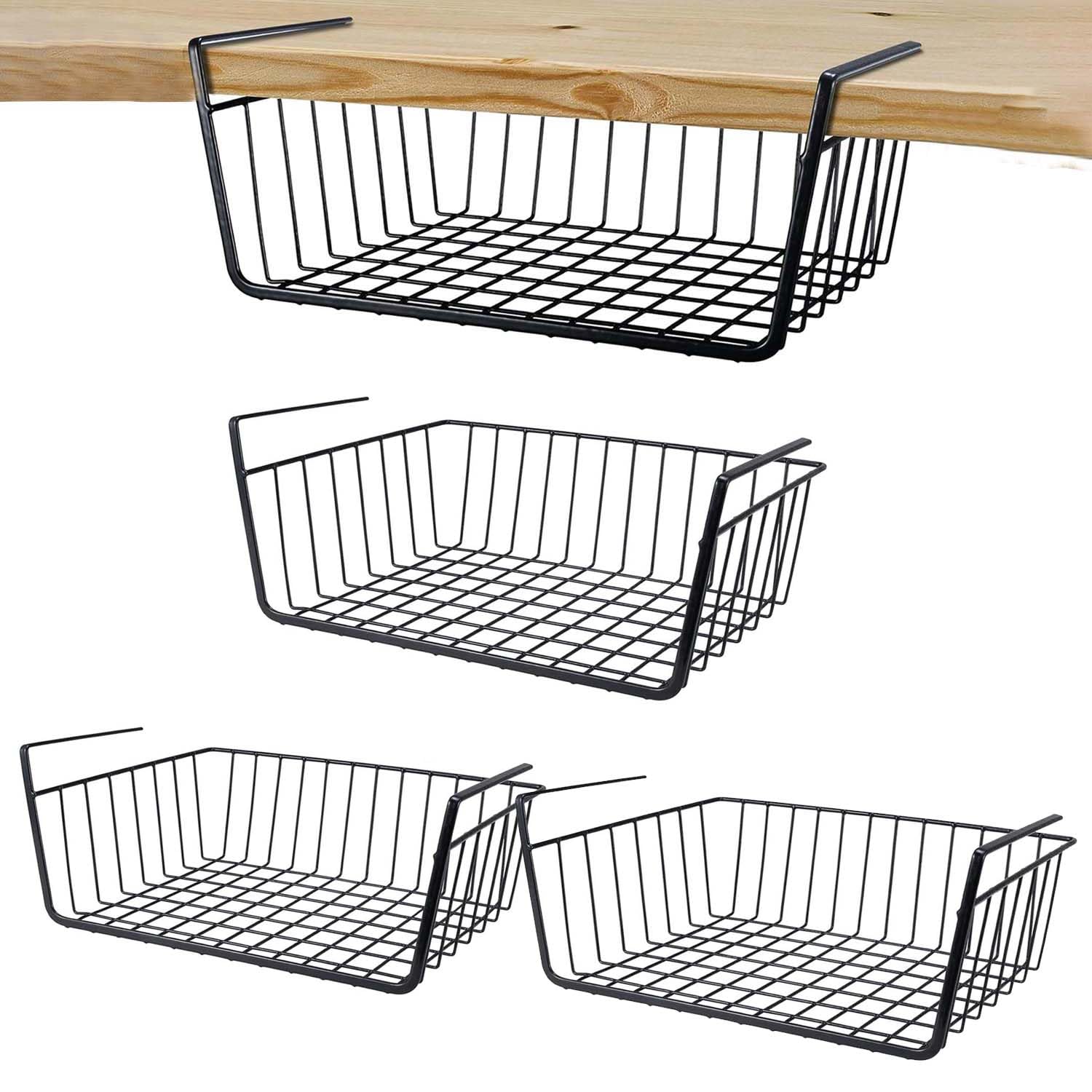 Amazon Brand  Umi Under Shelf Basket, 4 Pack Wire Under Cabinet Organizer Shelf, Hanging Storage Baskets For Kitchen Pantry, Bl