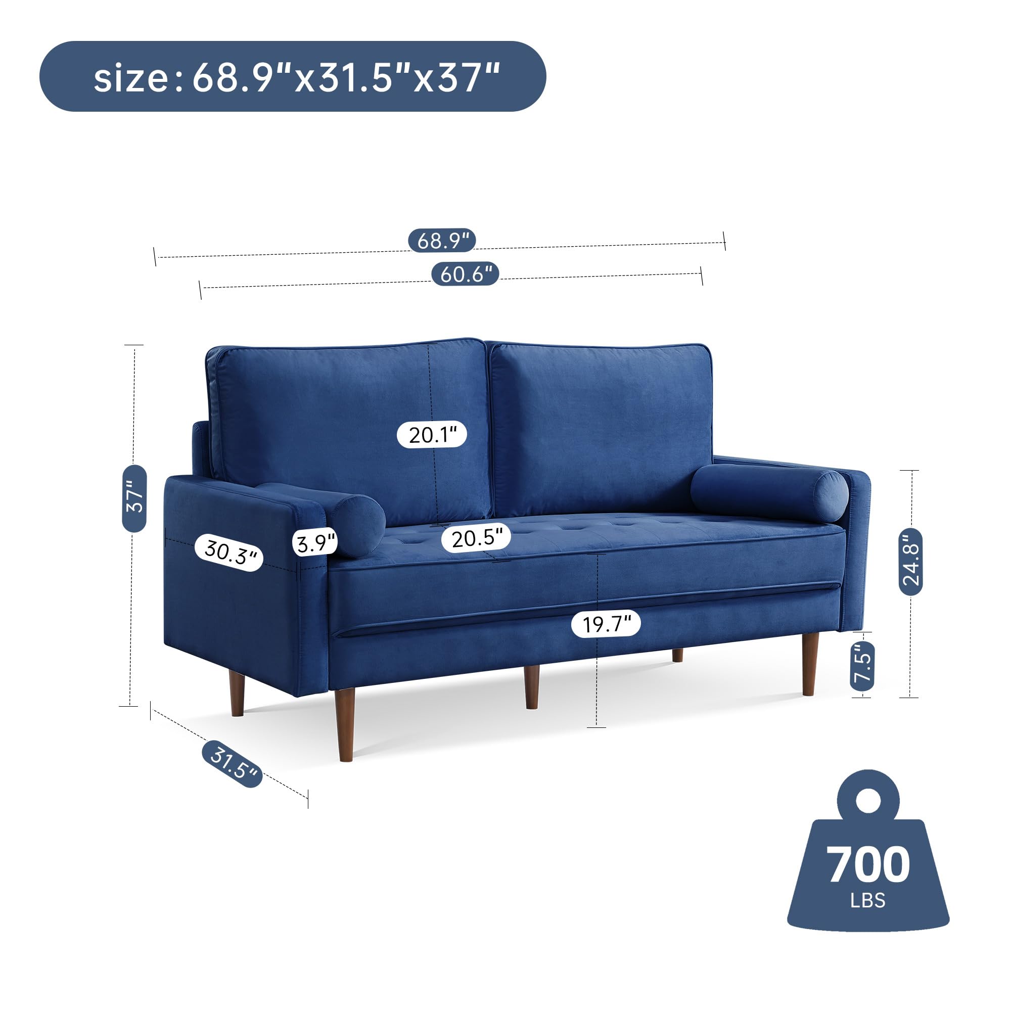 American Furniture Classics Blue 69 Inch Wide Upholstered Two Cushion Sofa with Bolster Pillows Velvet, 68&quot; x 31.5&quot; x 36&quot;