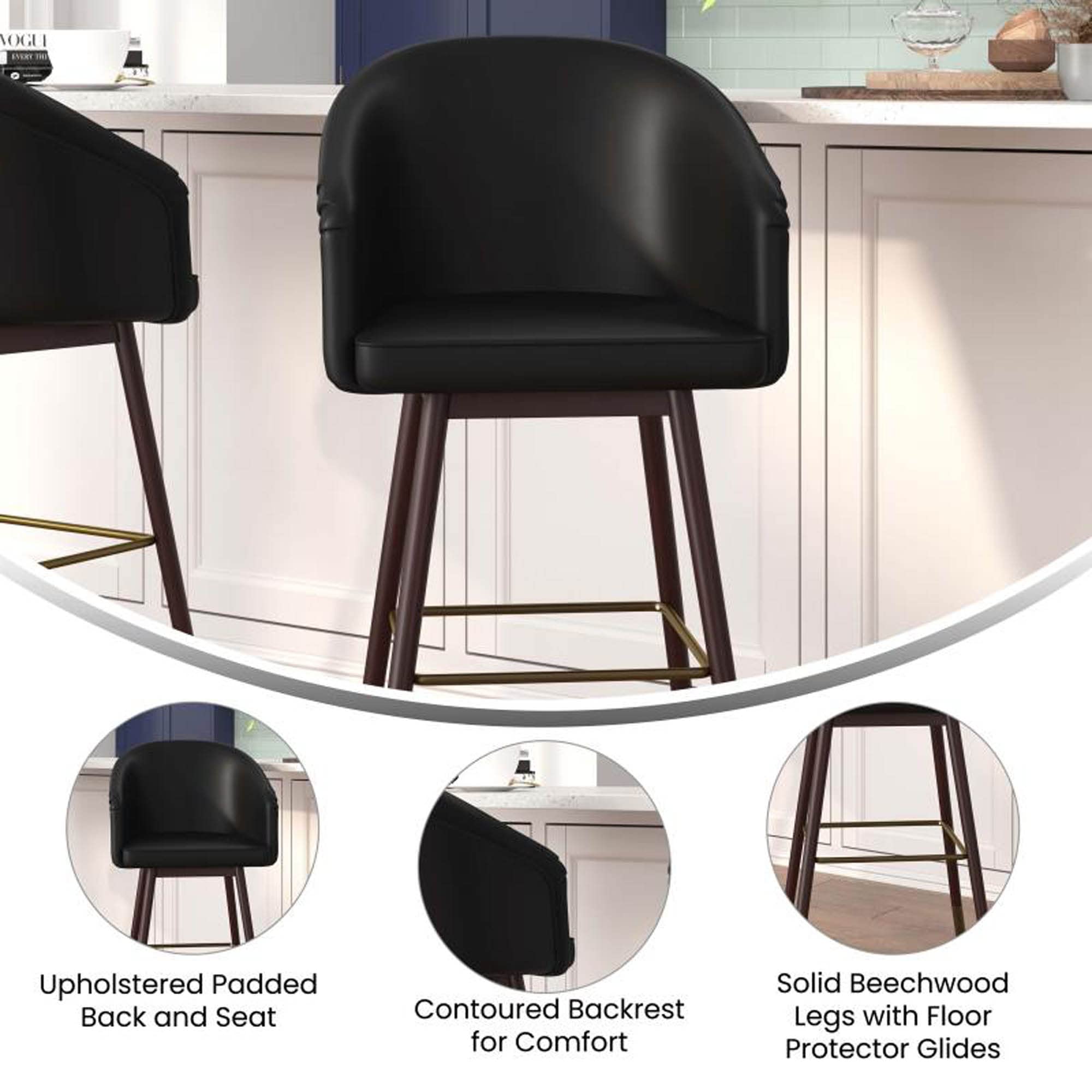 Flash Furniture Margo Commercial Grade Mid-Back Barstool - Black LeatherSoft Upholstery - Walnut Finish Beechwood Legs with Soft Bronze Accents - 30&quot; Bar Stool