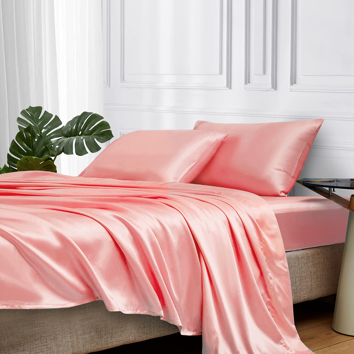 Mr&Hm Satin Bed Sheets, Full Size Sheets Set, 4 Pcs Silky Bedding Set With 15 Inches Deep Pocket For Mattress(Full, Blush)