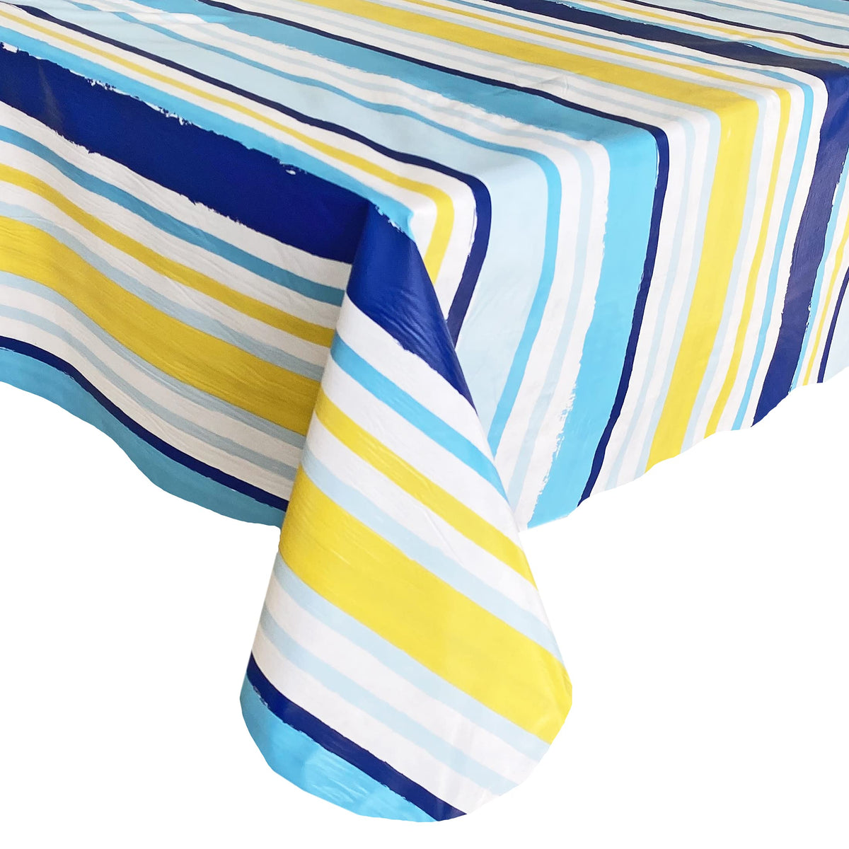 Newbridge Sun Wave Beach Stripe Flannel Back Vinyl Tablecloth - Navy, Yellow, White And Blue Wavy Striped Vinyl Indoor/Outdoor W