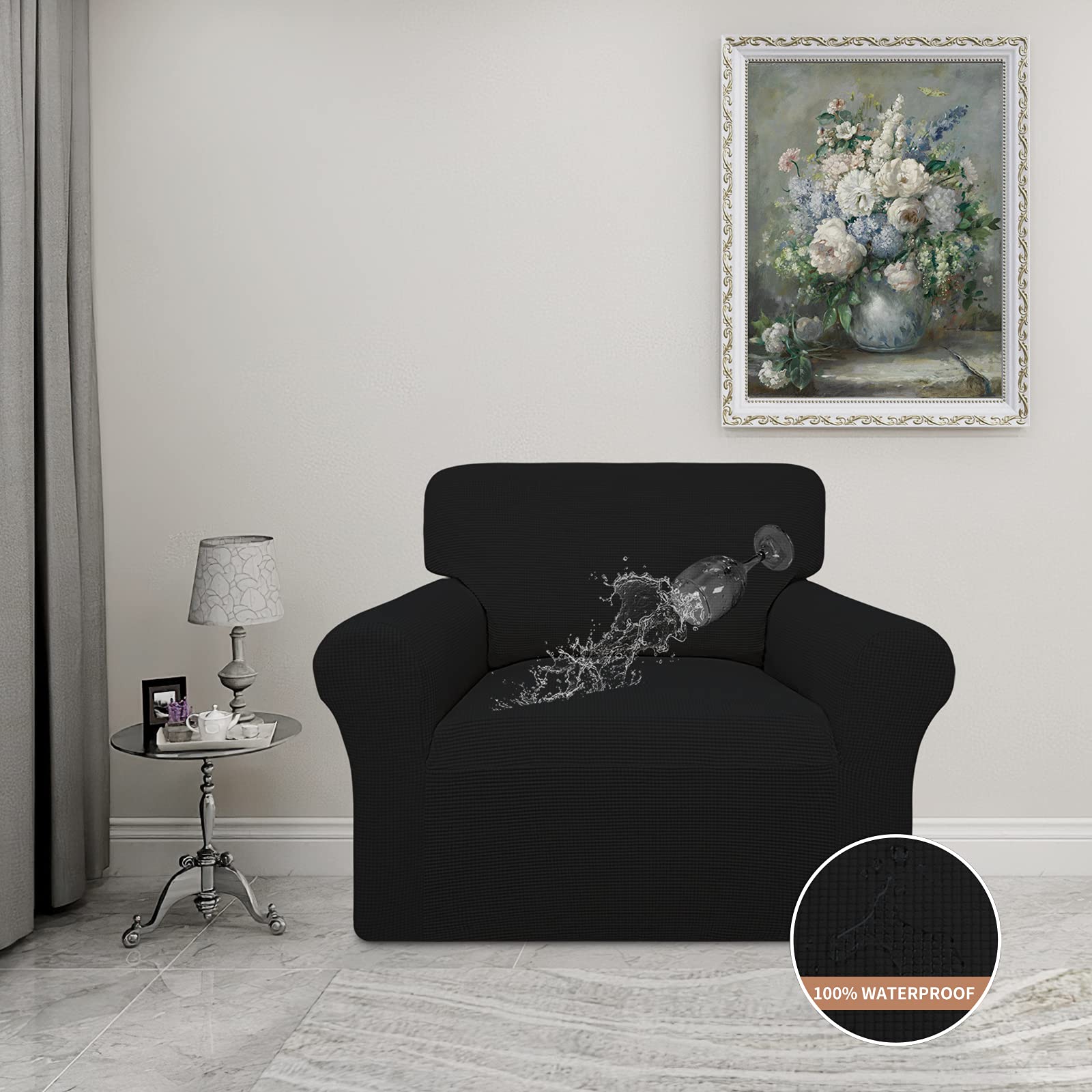 Easy-Going 100% Waterproof Chair Couch Cover, Dual Waterproof Sofa Cover, Stretch Jacquard Sofa Slipcover, Leakproof Furniture Protector For Kids, Pets, Dog And Cat (Chair, Black)
