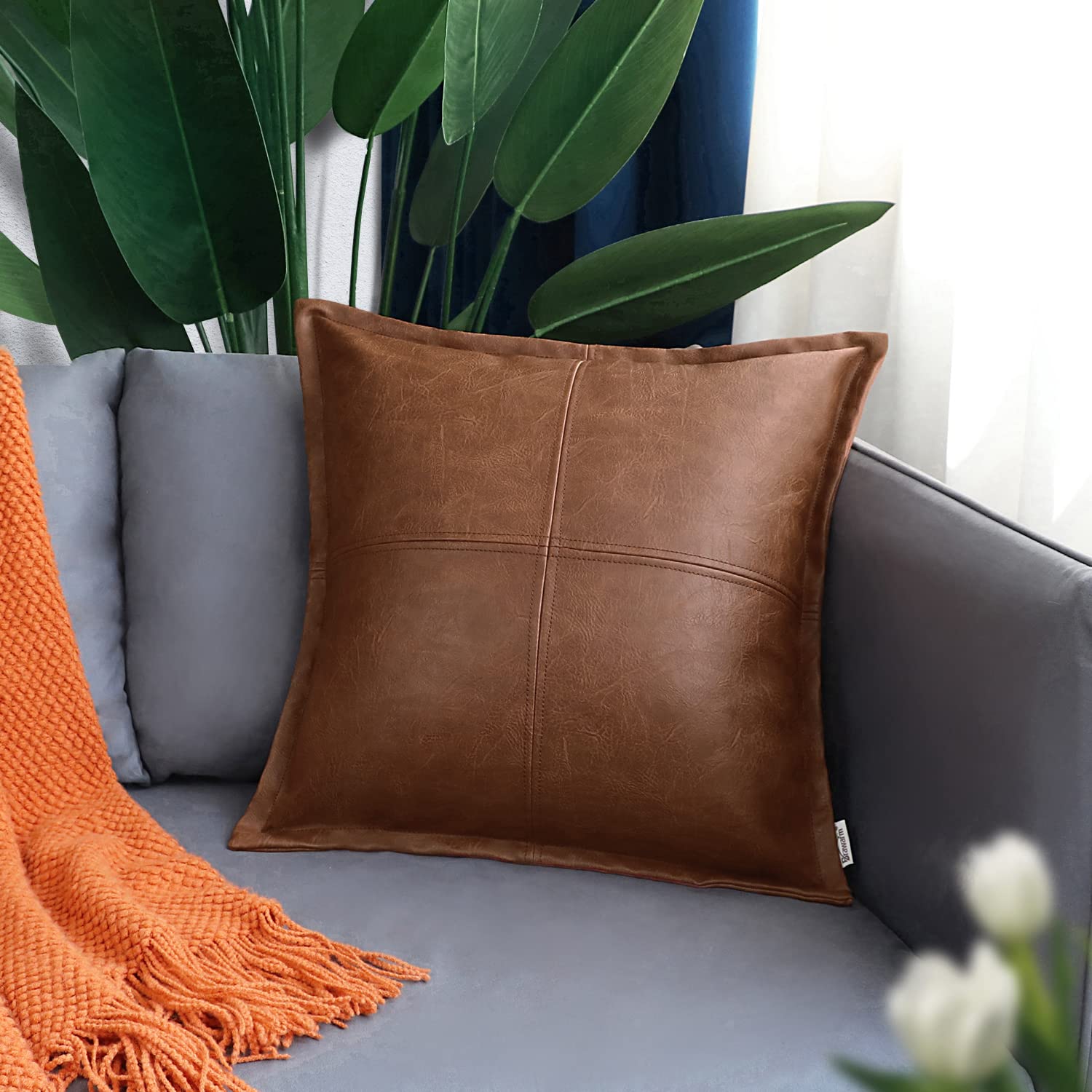 Brawarm Brown Leather Throw Pillow 20 X 20 Inches, Faux Leather Pillow Cover With Piping, Hand Stitched Leather Decorative Throw