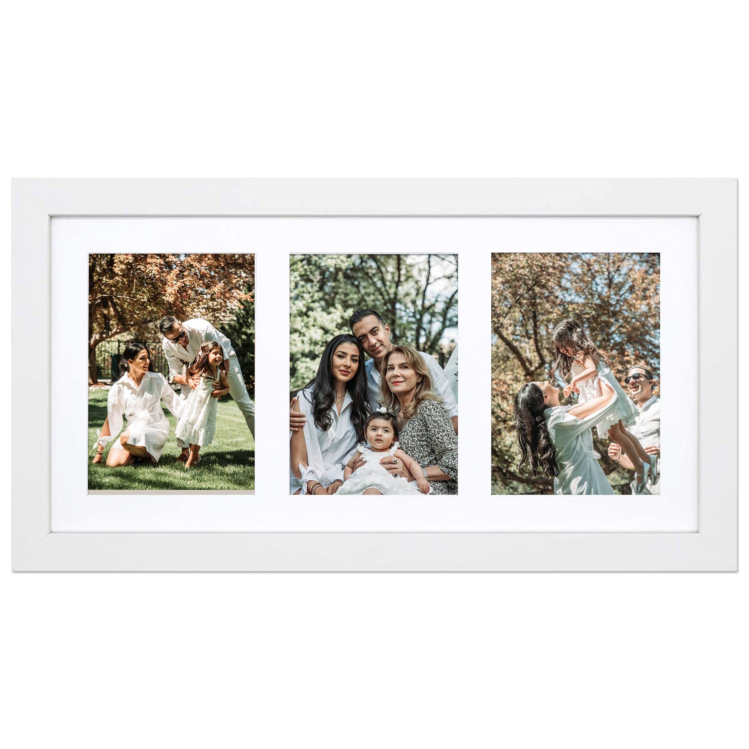 Golden State Art, 9x18 White Wood Frame - White Mat for Three 5x7 Pictures - Sawtooth Hangers- Swivel Tabs - Wall Mounting - Lan