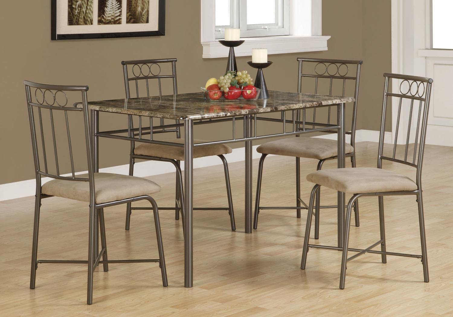 Monarch Specialties 1029 Table, 5Pcs, Small, 48&quot; Rectangular, Faux, Kitchen, Metal, Laminate, Brown Marble Look, Contemporary, Modern Dining Set, 47.25&quot; L X 29.5&quot; W X 30&quot; H, Cappuccino