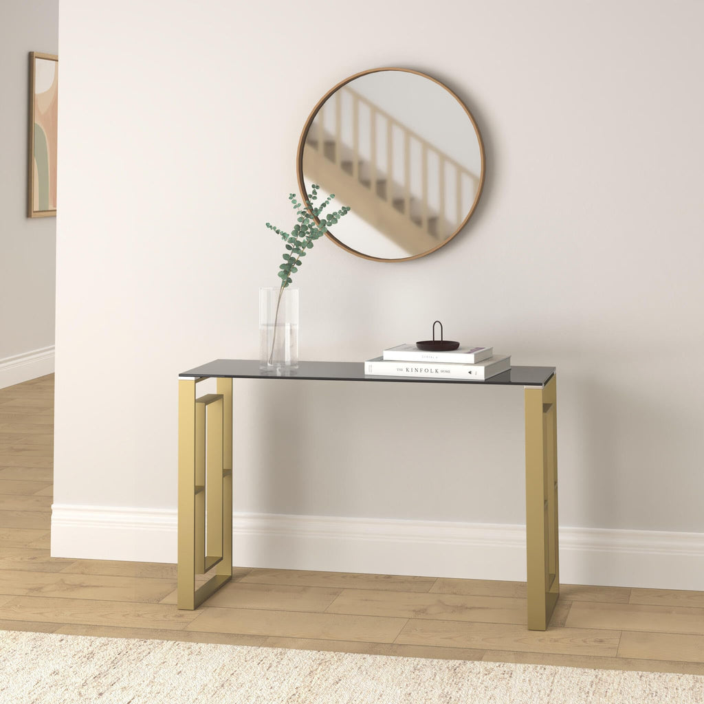Best Master Mallory Stainless Steel And Smoked Glass Console Table In Gold