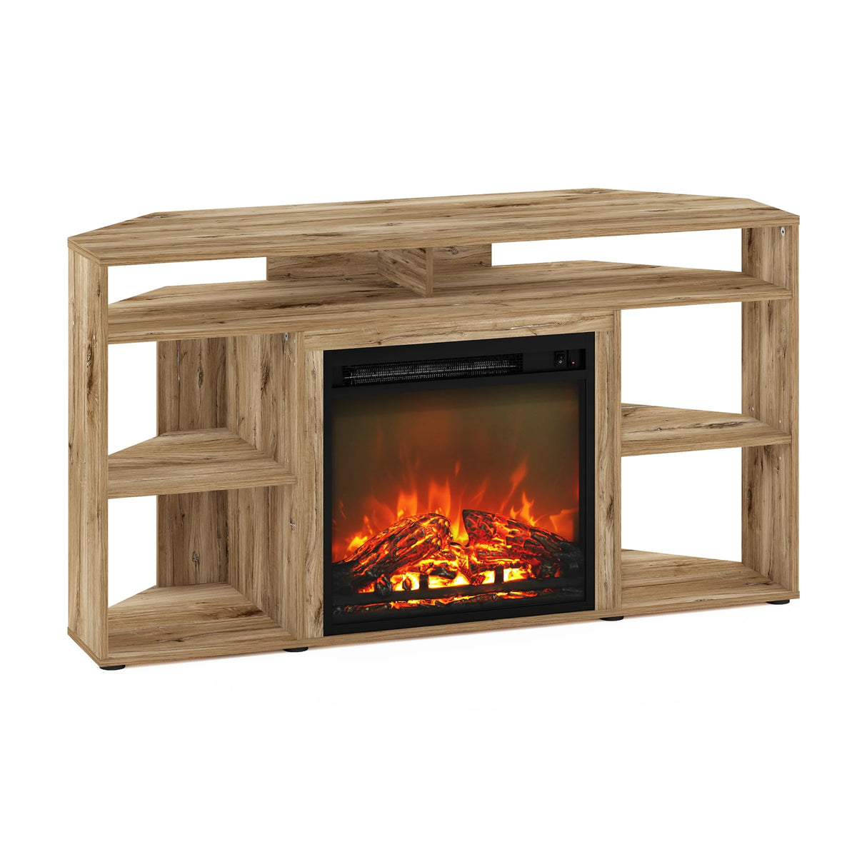 Furinno Jensen Corner Tv Stand With Fireplace For Tv Up To 55 Inches, Flagstaff Oak