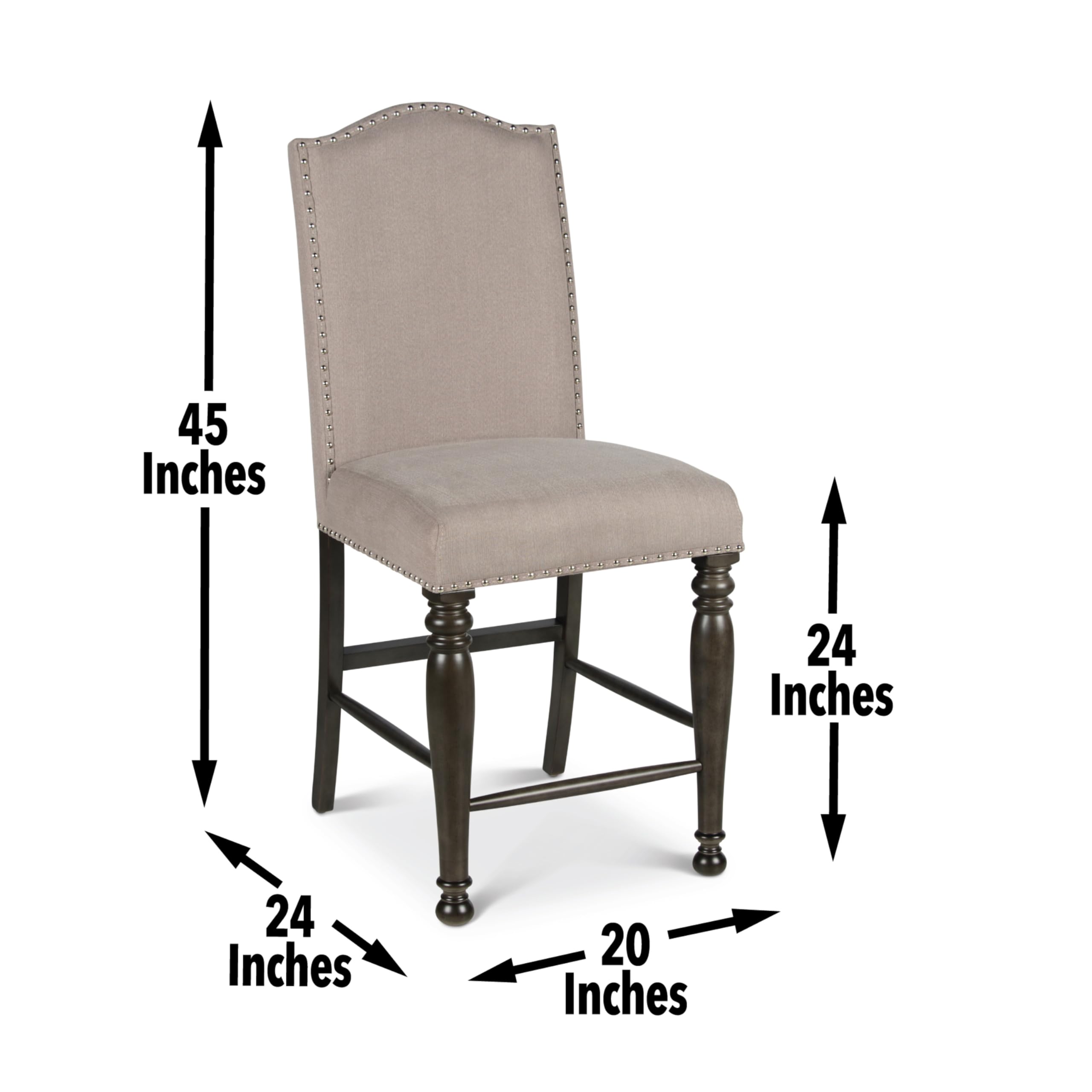 Steve Silver Co Caswell Counter Chair, Set of 2 Chairs, Nailhead Trim, Contemporary Design, Shield Back, Dining Room, Ktichen, Bar, Counter Island, Rubberwood, 100% Polyester, 20&quot;D x 24&quot;W x 45&quot;H, Gray