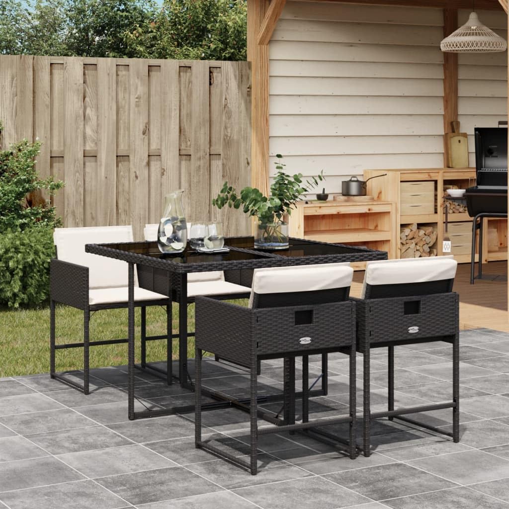 vidaXL 5 Piece Patio Dining Set with Cushions - Outdoor Garden Furniture Set, Black PE Rattan, Foldable Storage, Tempered Glass Tabletop, Cream White Cushions