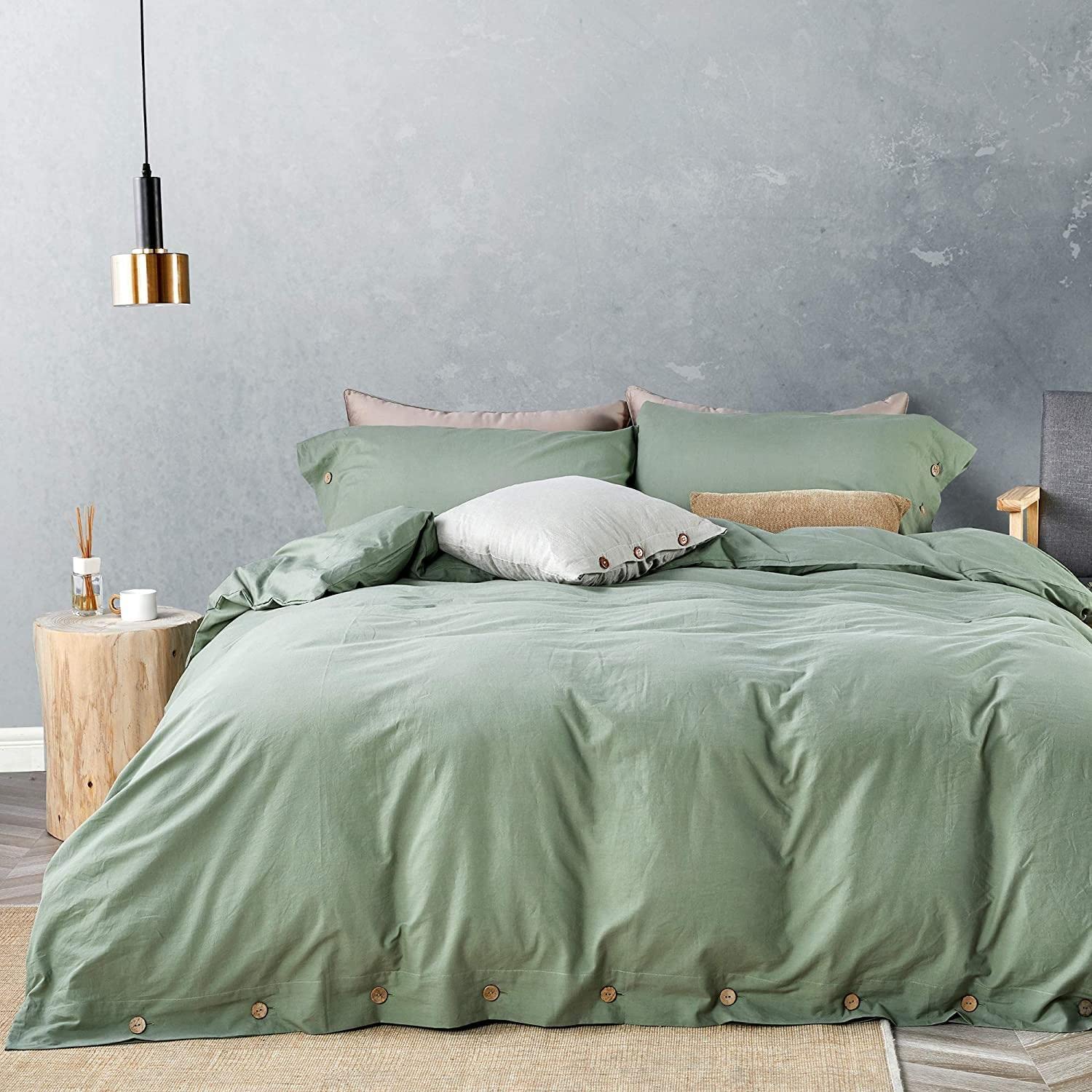 Jellymoni Green 100% Washed Cotton Duvet Cover Set, 2 Piece Luxury Soft Bedding Set With Buttons Closure. Solid Color Pattern Du