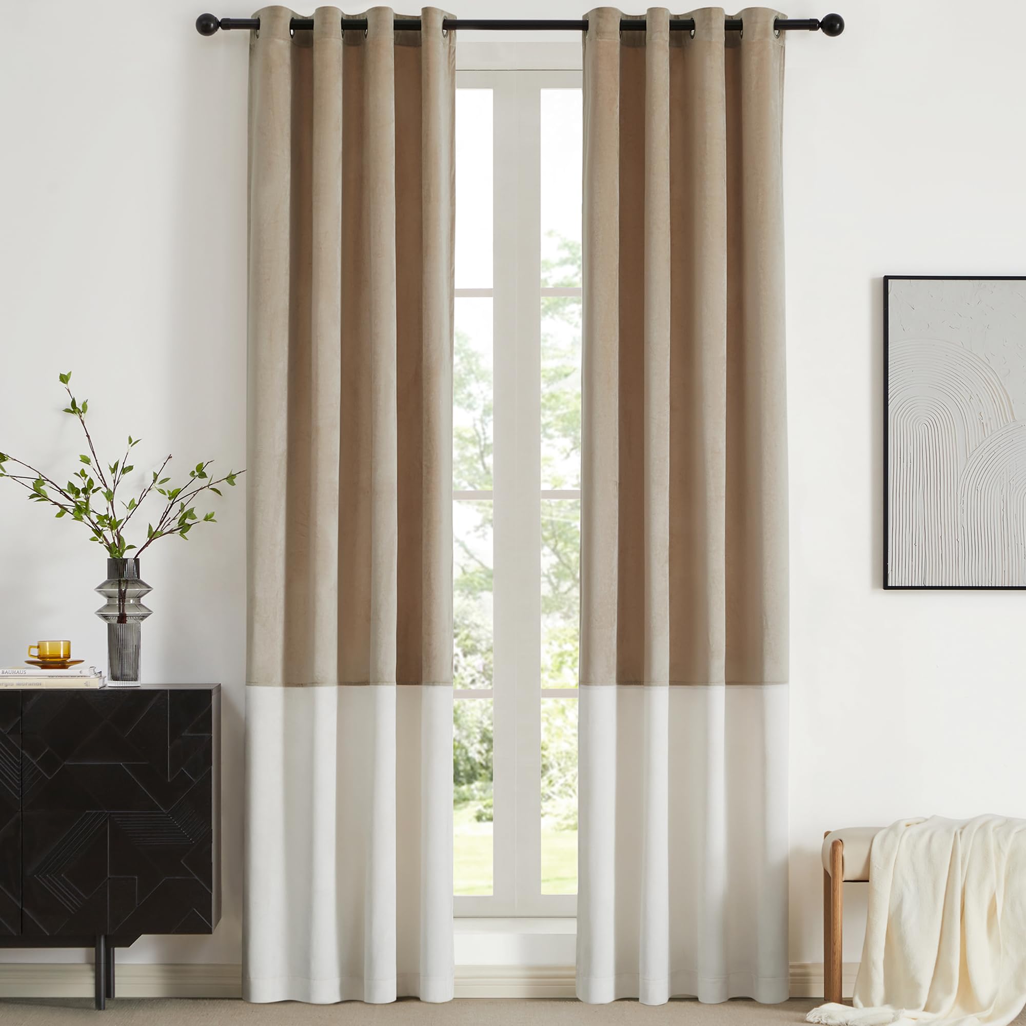 Bulbul Champagne Cream Ivory Color Block Window Curtains Panels 84 Inches Long Velvet Farmhouse Drapes For Bedroom Living Room D