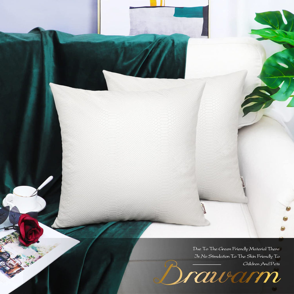 Brawarm White Leather Throw Pillows 16 X 16 Inches, Snake Leather Pillow Covers Pack Of 2, Faux Leather Decorative Pillow Covers