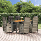 vidaXL 7-Piece Outdoor Patio Dining Set with Cushions – Weather-Resistant Gray Poly Rattan Construction – Reclining Function for Comfort – Sturdy Acacia Wood Tabletop – Sleek and Modern Lounge Set