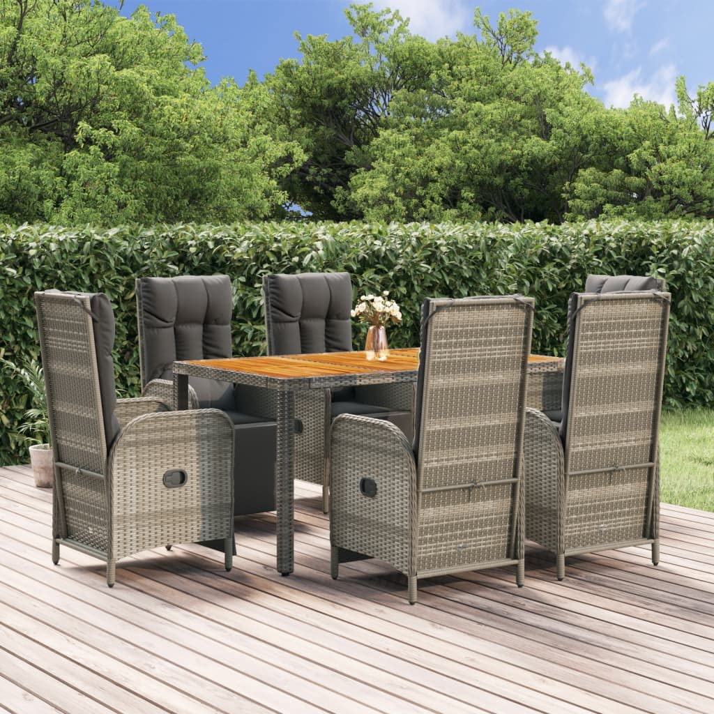 vidaXL 7-Piece Outdoor Patio Dining Set with Cushions – Weather-Resistant Gray Poly Rattan Construction – Reclining Function for Comfort – Sturdy Acacia Wood Tabletop – Sleek and Modern Lounge Set