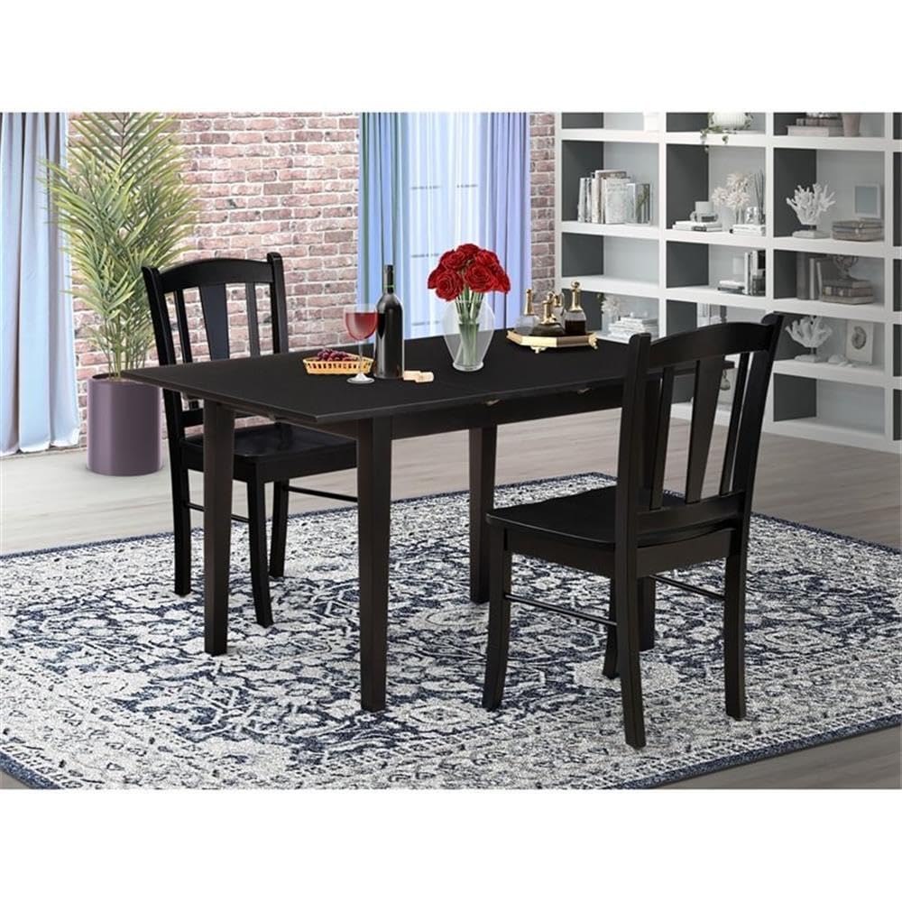 East West Furniture NFDL3-BLK-W 3 Piece Dining Room Furniture Set Contains a Rectangle Wooden Table with Butterfly Leaf and 2 Kitchen Dining Chairs, 32x54 Inch, Black