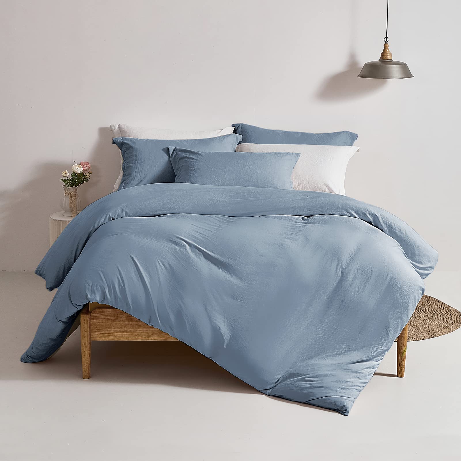 Mildly Super Soft Duvet Cover - 100% Washed Microfiber Haze Blue Comforter Cover Set 3 Pieces With Zipper Closure & Corner Ties