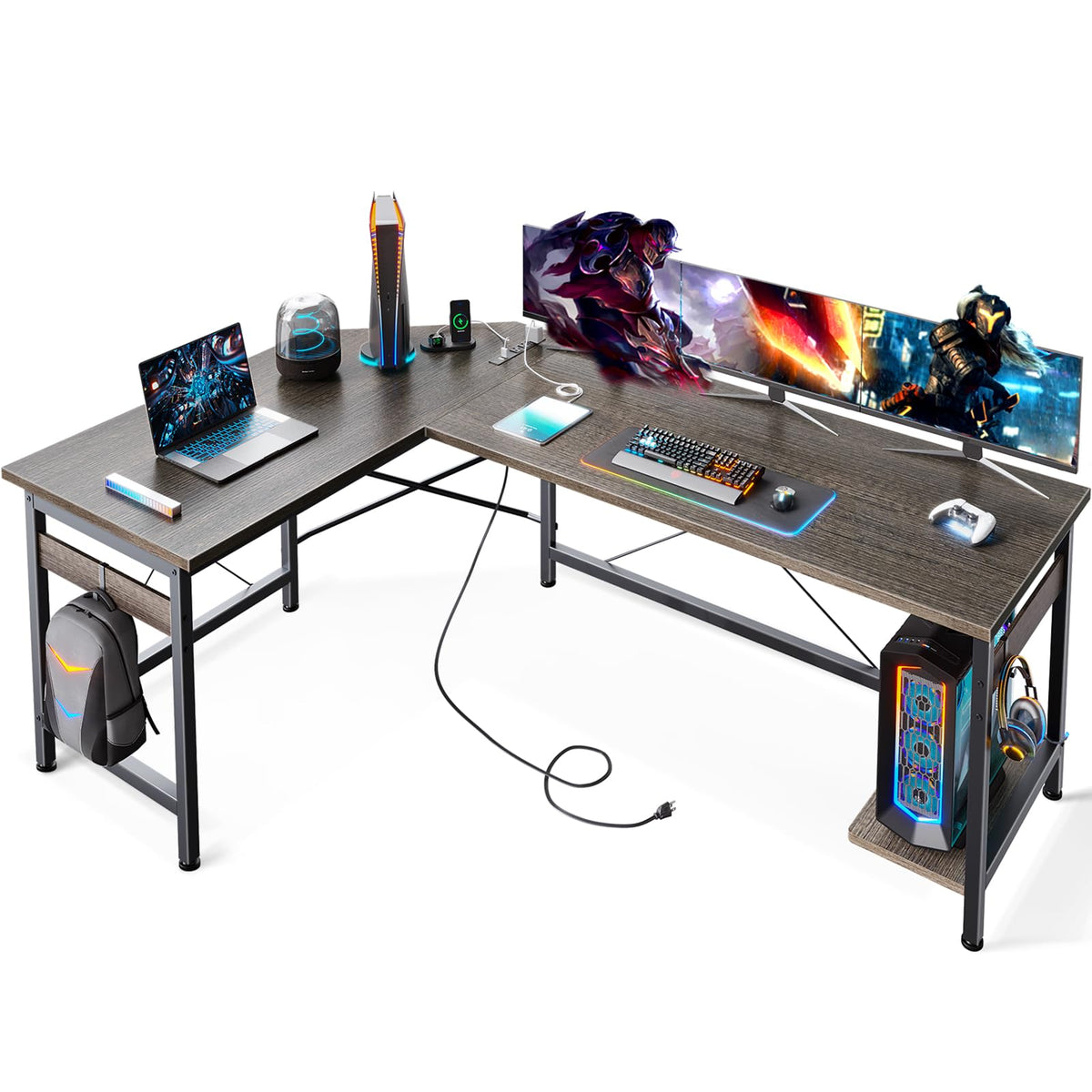 Coleshome 59' L Shaped Gaming Desk With Outlet, L Shaped Desk With Cpu Stand, Corner Computer Desk, Home Office Desk, Writing Desk, Grey Oak