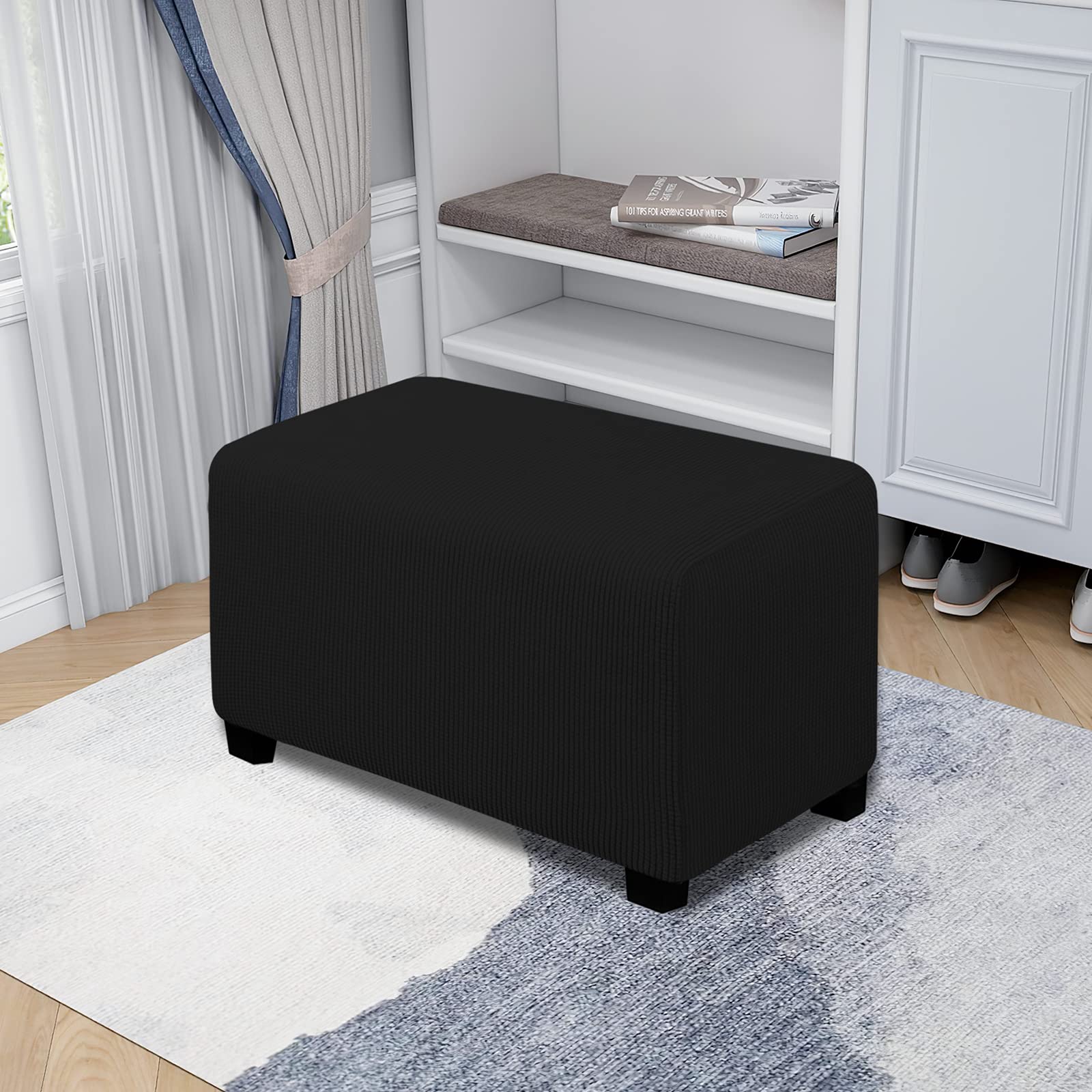 Easy-Going Stretch Ottoman Cover Folding Storage Stool Furniture Protector Soft Rectangle Slipcover With Elastic Bottom(Ottoman Small,Black)