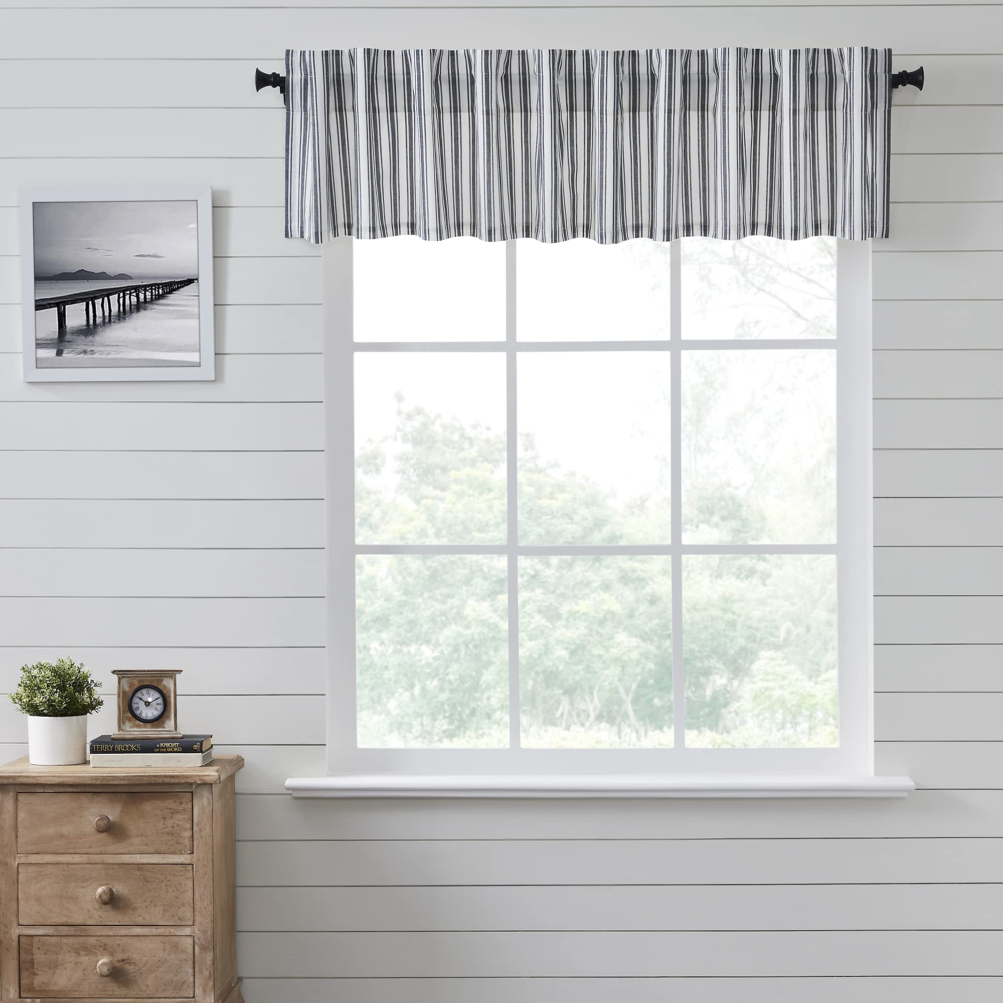 Vhc Brands, Sawyer Mill Ticking Stripe Valance, Black, 16X90