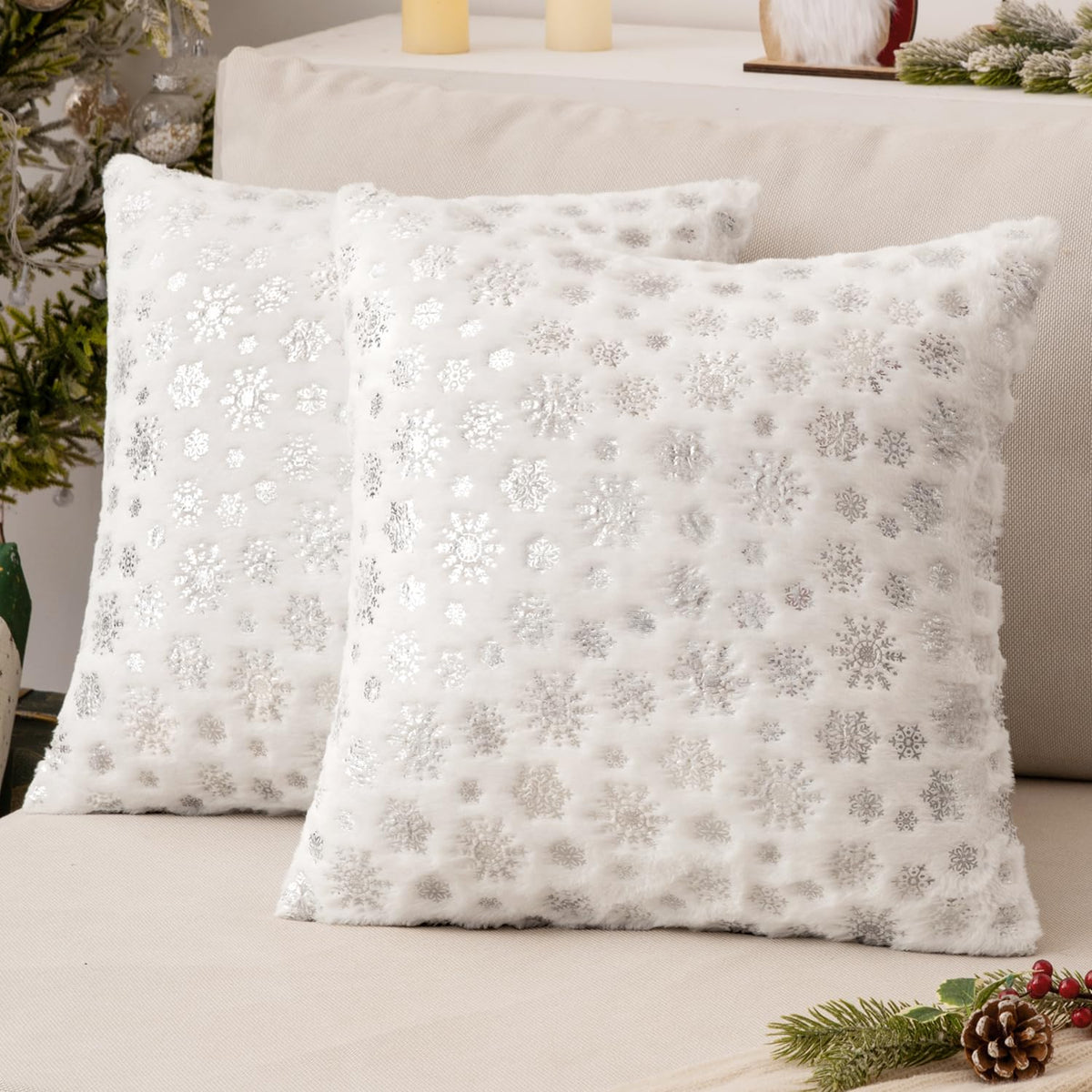 Miulee Christmas Ivory Throw Pillow Covers Set Of 2 Snowflakes Decorative Pillow Covers 20X20 Inch Soft Plush Faux Fur Pillowcas