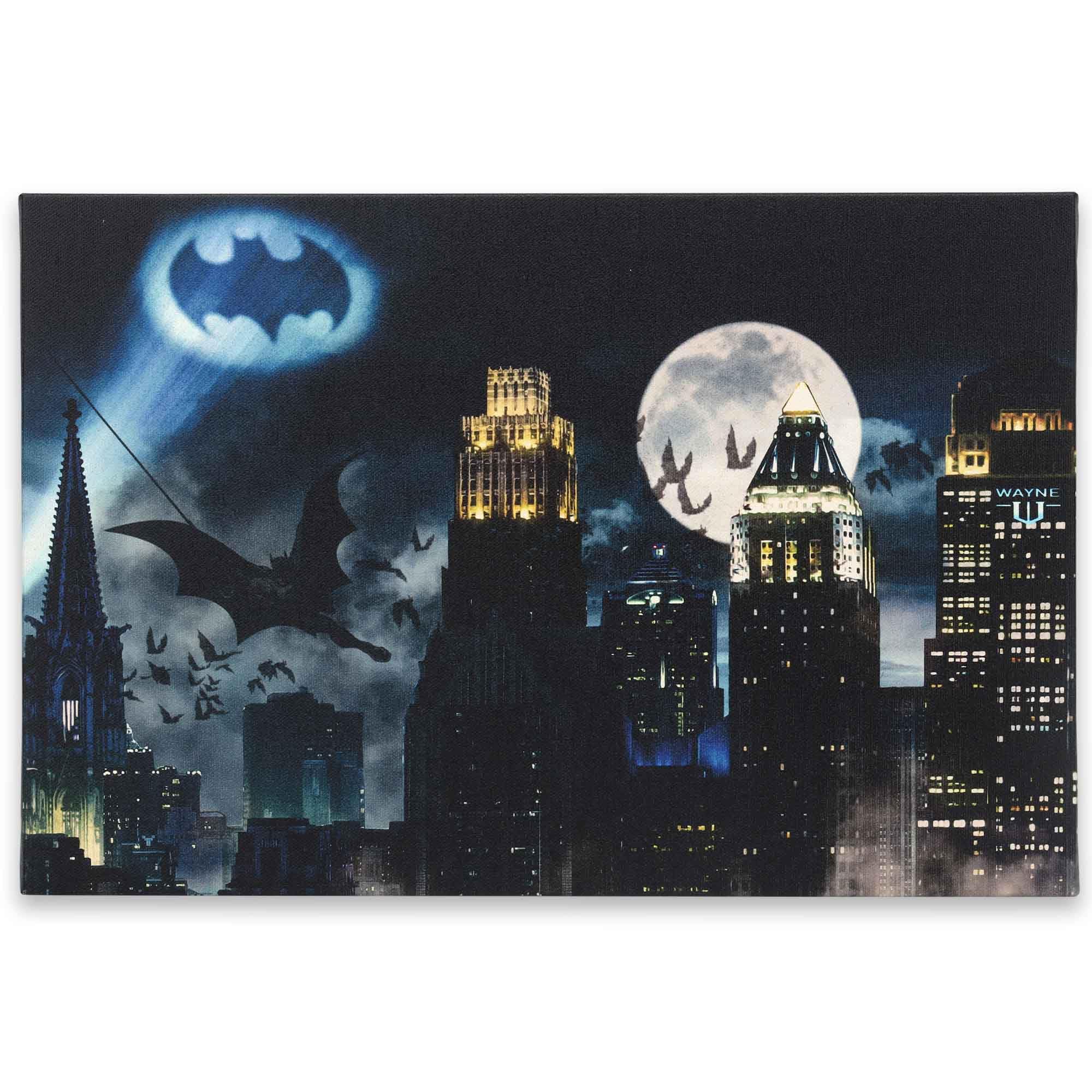 DC Comics Bat Signal Over Gotham City Gallery Wrapped Canvas Wall Decor - Vintage Batman Wall Art for Man Cave or Movie Room