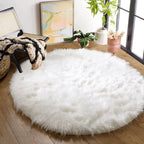 ORINOVA White Fluffy Faux Sheepskin Washable Fur Round Rug 5ft Nursery Rugs for Bedroom Plush Boho Circle Rug for Living Room Te