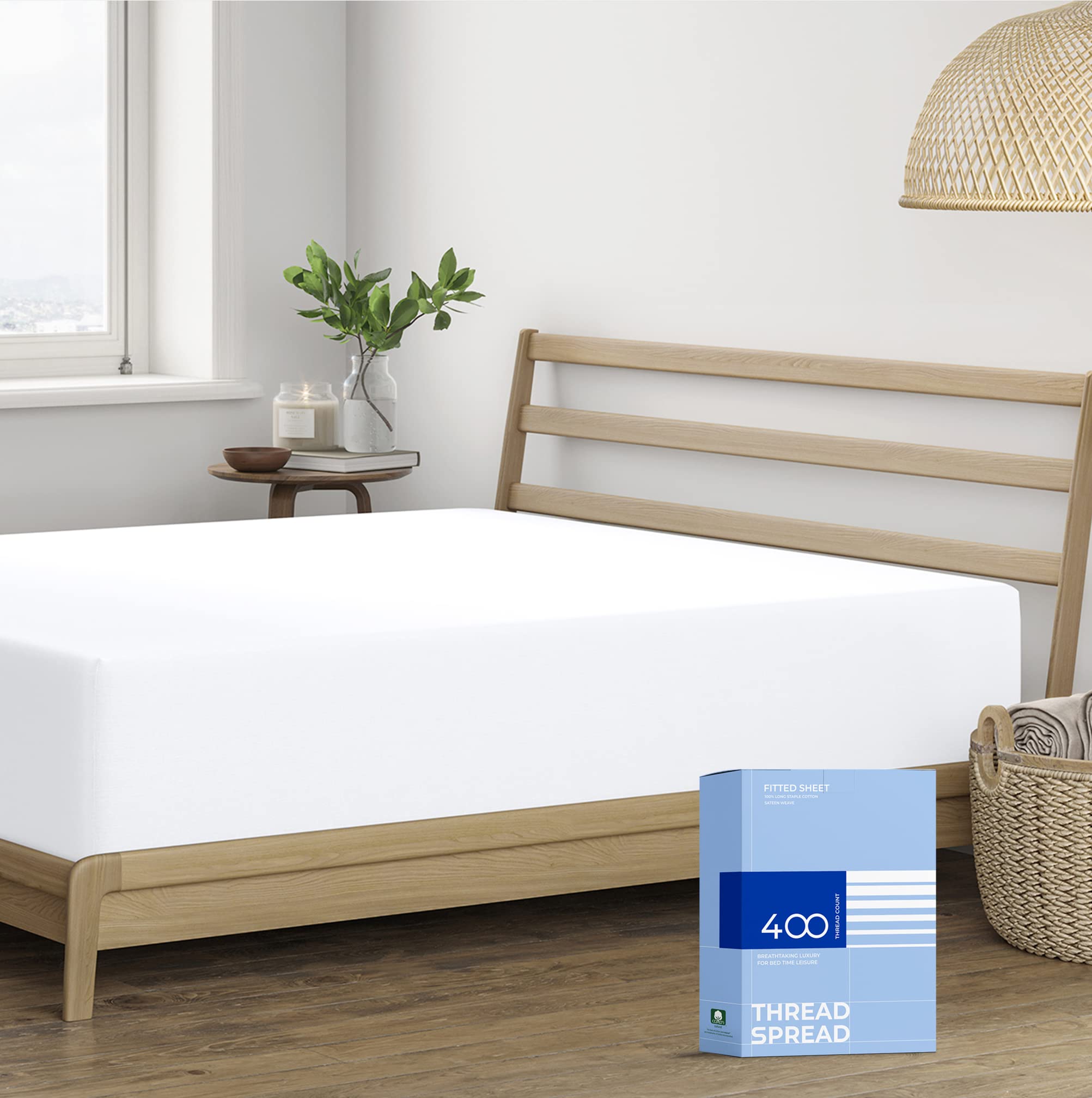 Thread Spread Queen Size Fitted Sheet Only - 100% Cotton 400 Thread Count Deep Pocket White Queen Fitted Sheet, 100% Cotton Fitt
