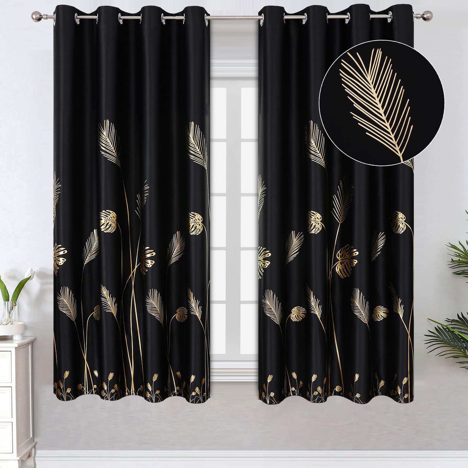Estelar Textiler Grommet Window Black Blackout Drapes Energy Saving Light Blocking Blacout Curtains With Gold Leaf And Wheat Fie